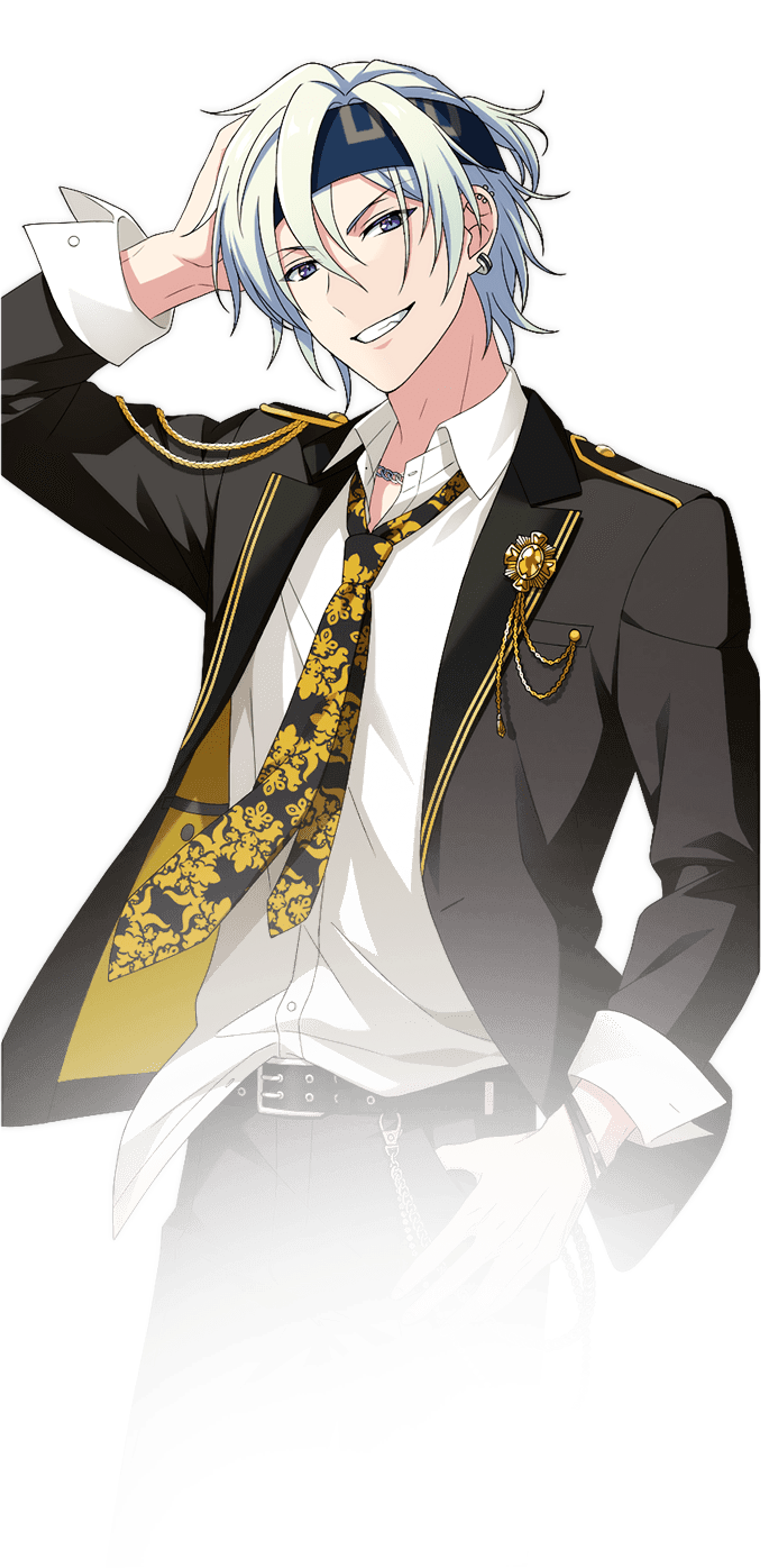 A young man with white hair and a dark blue bandana wearing a black suit jacket with gold floral patterns
