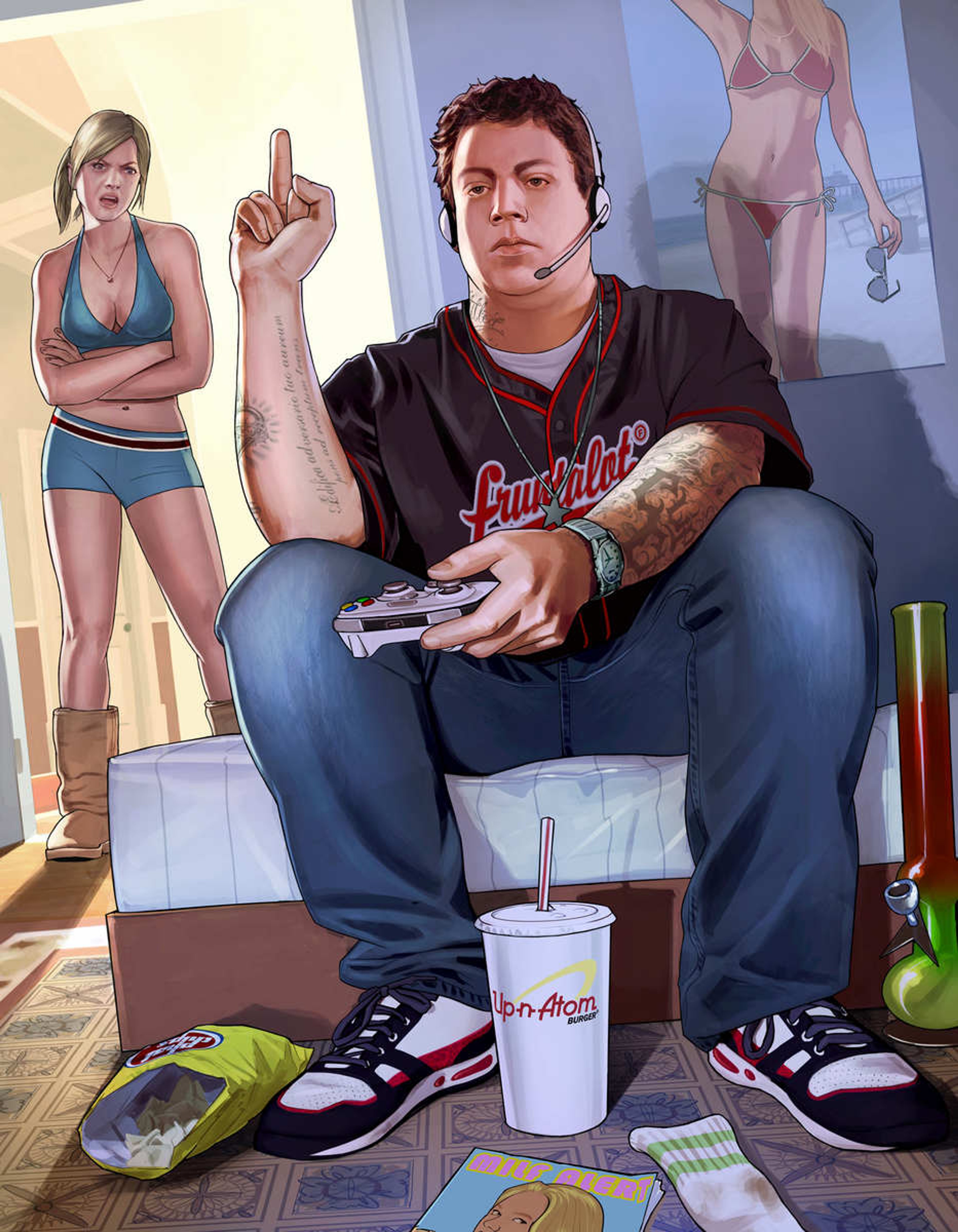 A young man playing a video game on a couch surrounded by video game-related items.