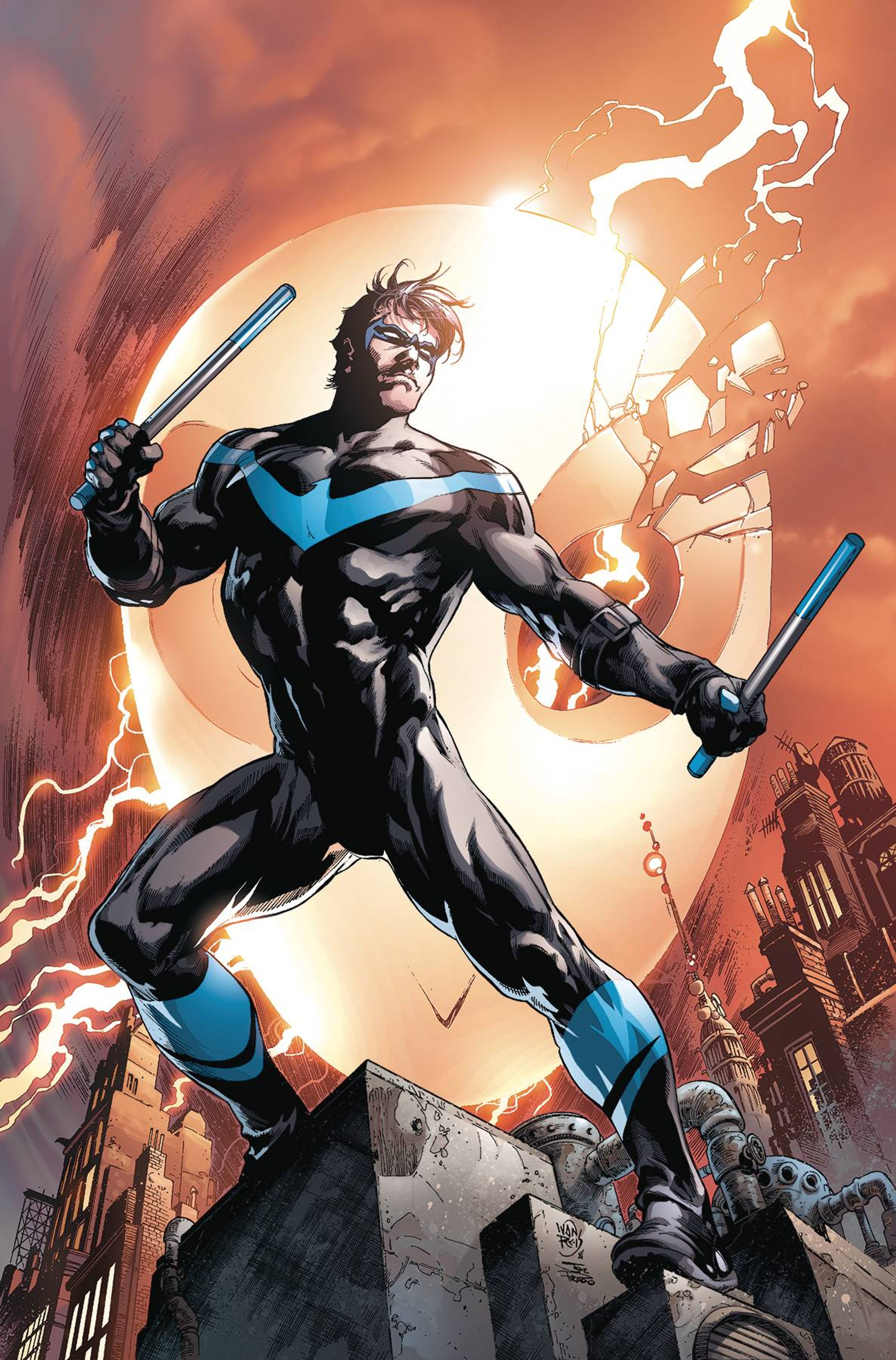 A muscular male superhero character in a blue and black costume wielding escrima sticks against a cityscape background.