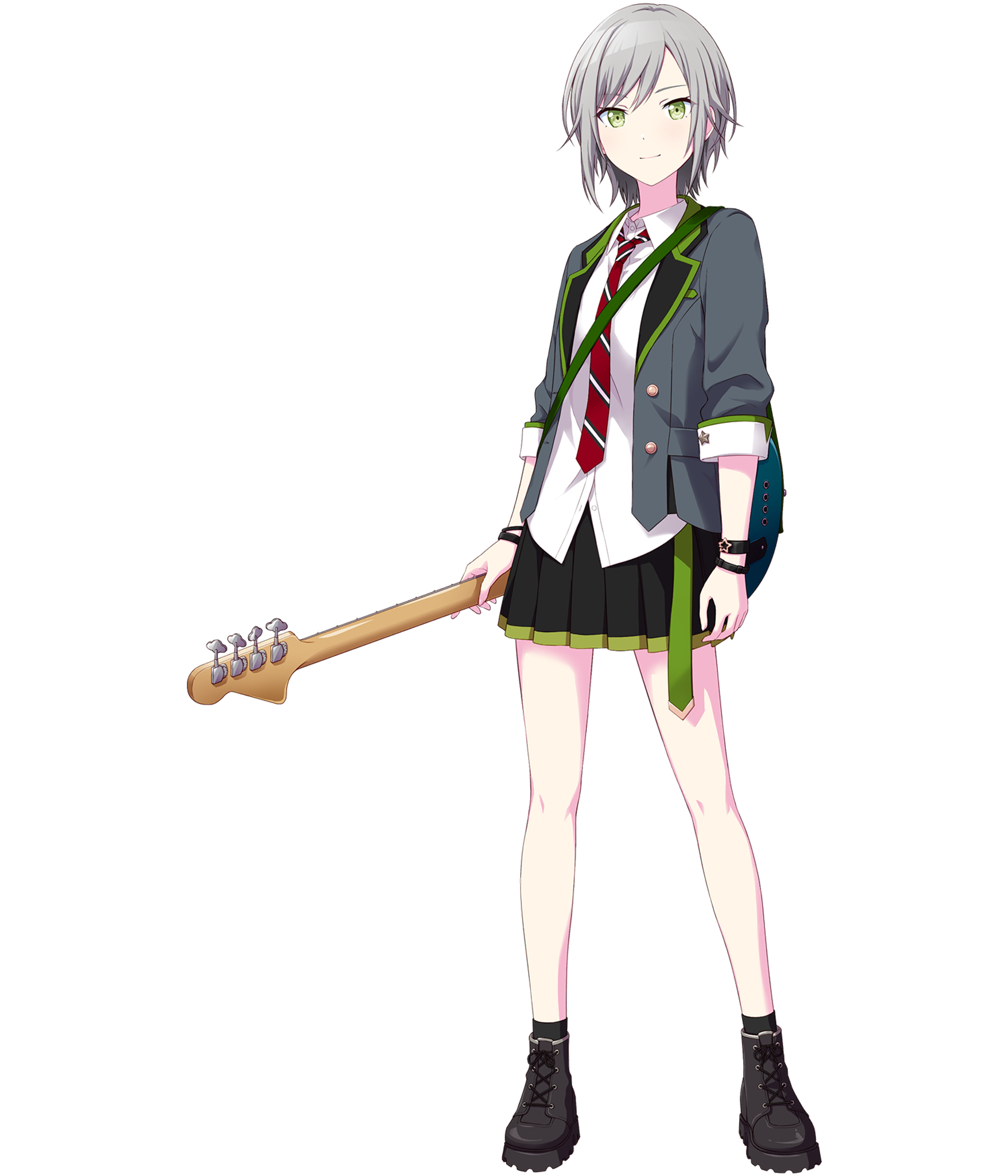 A young female character with short gray hair and green eyes, wearing a school uniform and holding a bass guitar.