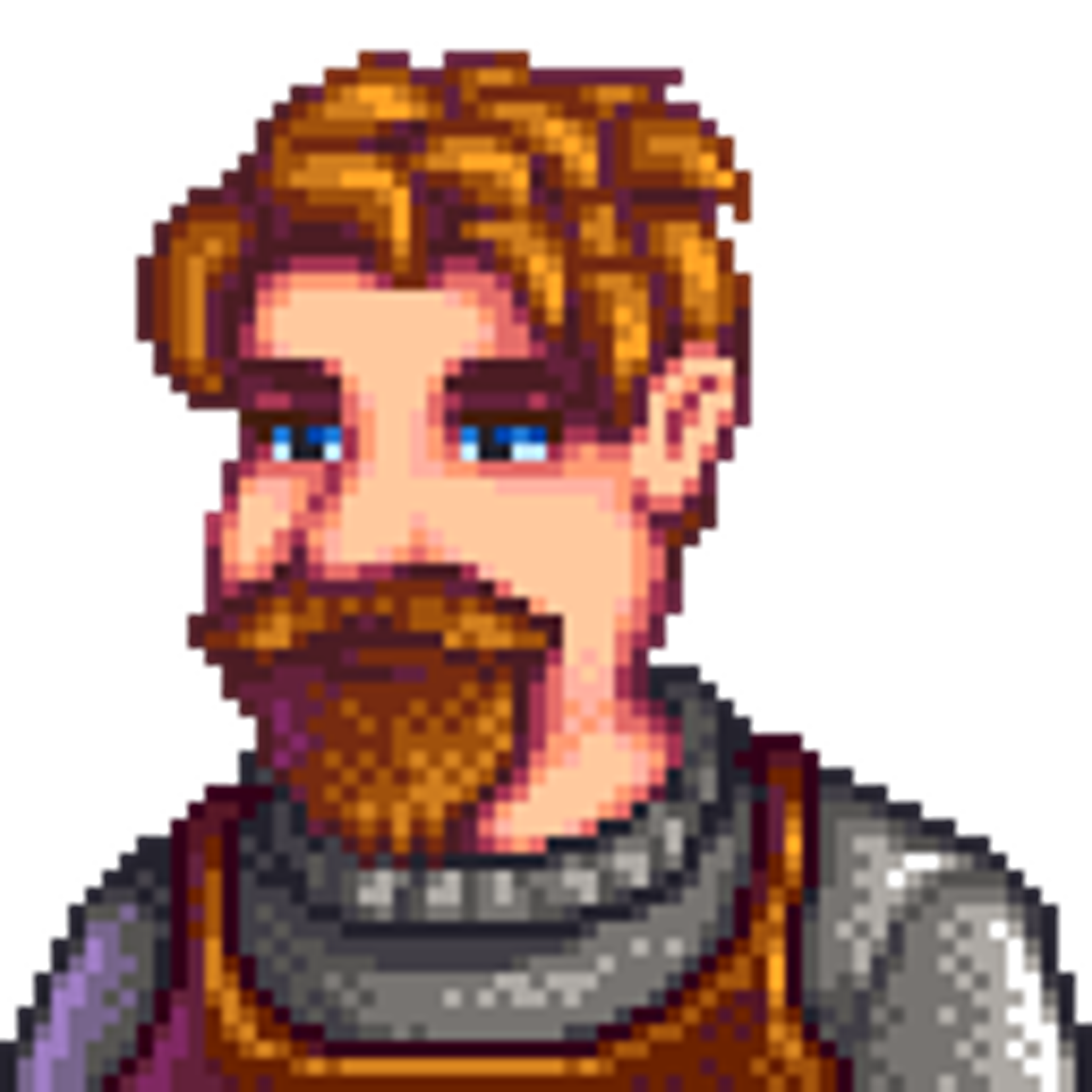 A detailed pixel art character of a muscular, bearded man wearing a gray shirt, dark pants, and boots.