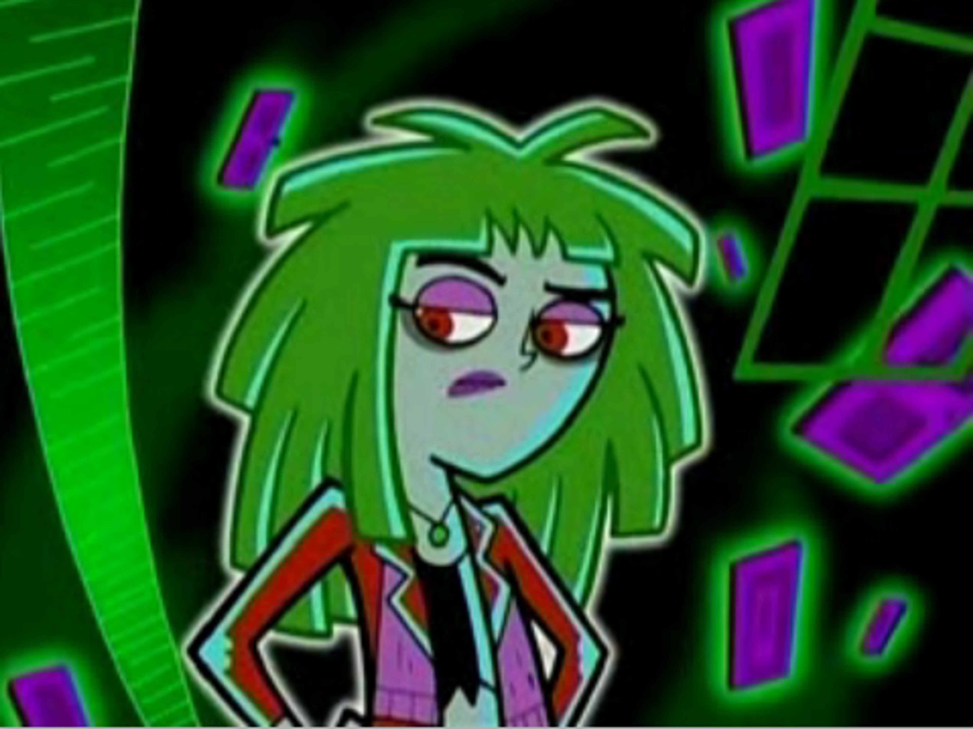 A ghostly female character with green hair, red eyes, and sharp teeth