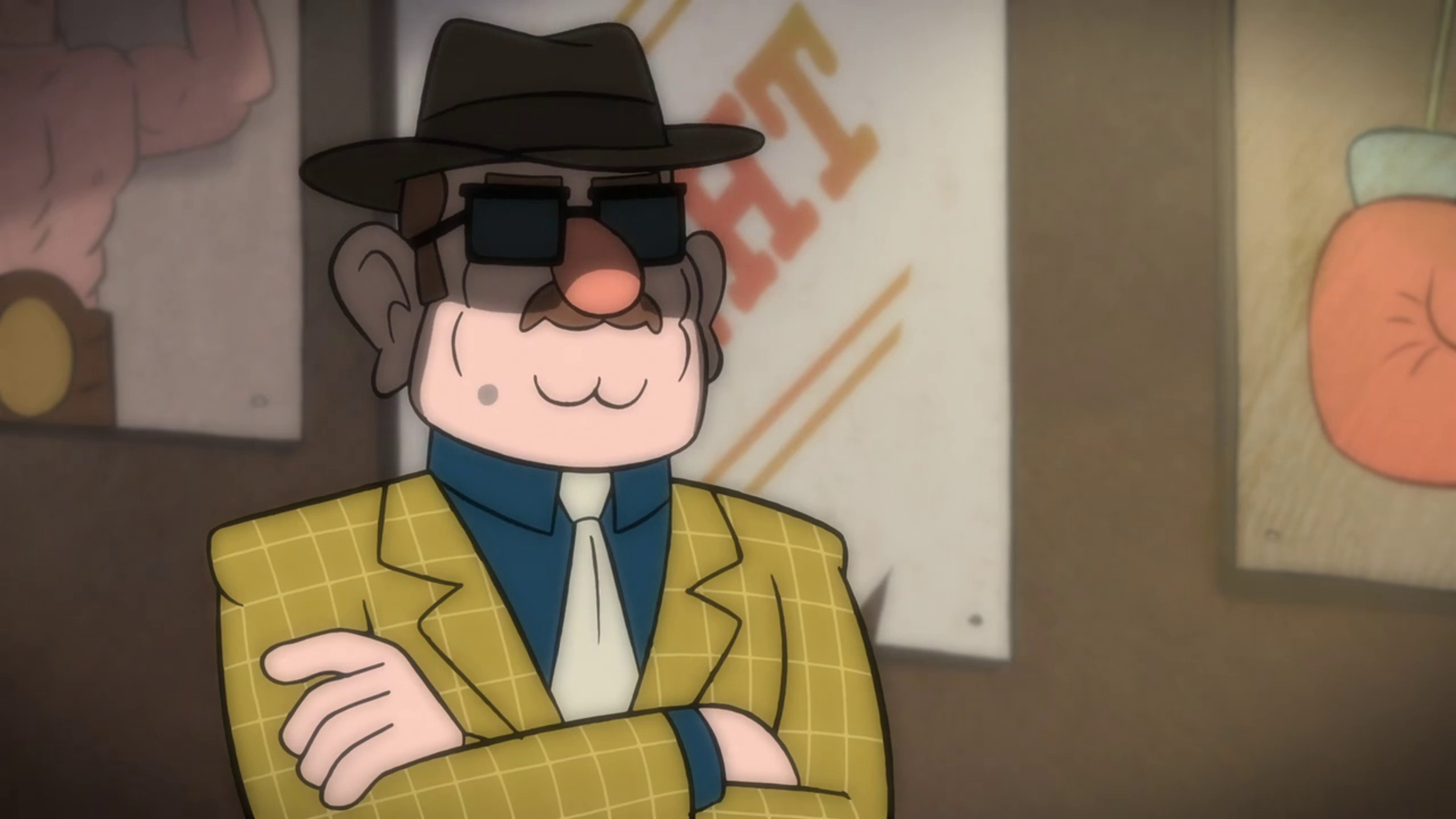 An older man with a mustache and glasses, wearing a yellow suit and hat, with a stern expression on his face.