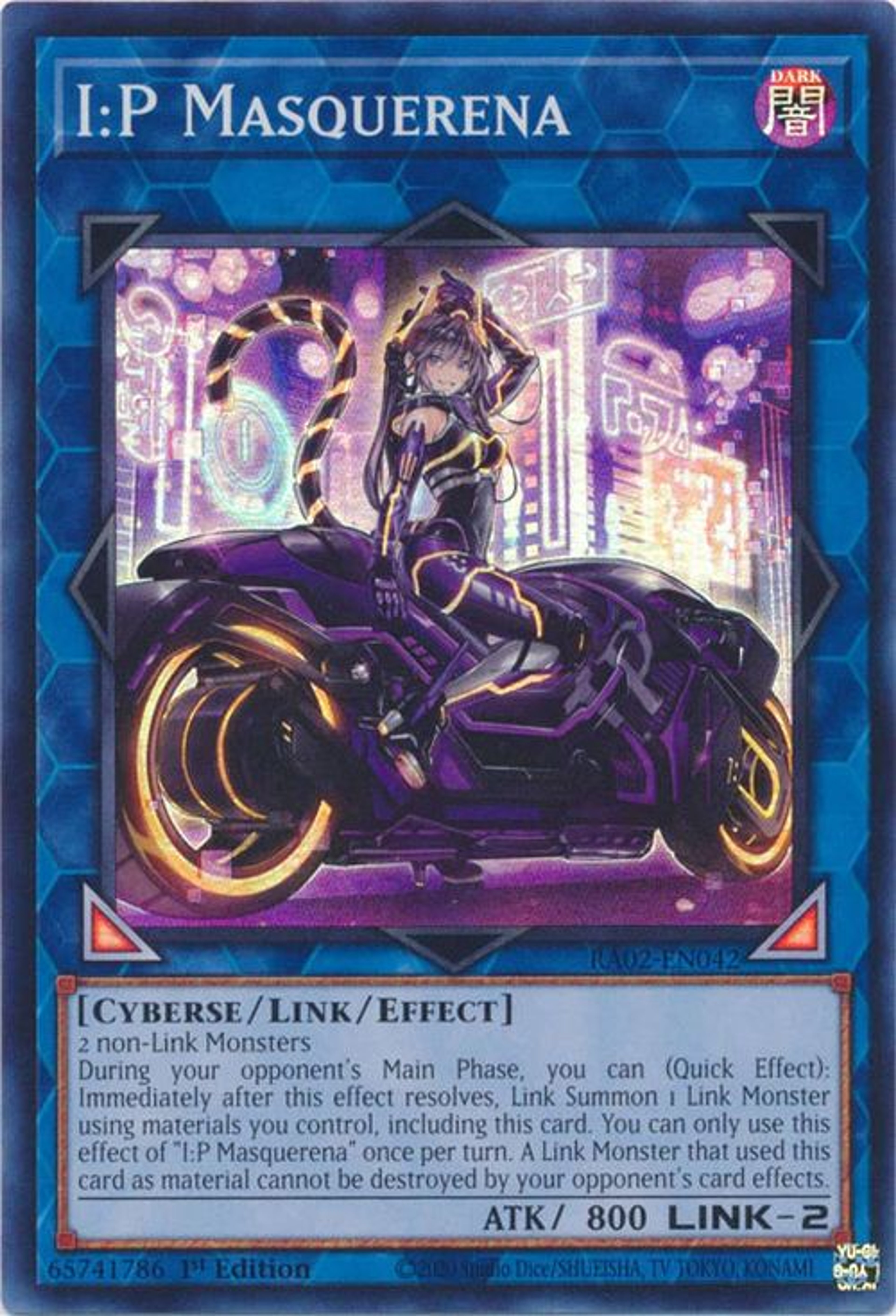 A cyberpunk-inspired Duel Monster character named I:P Masquerena riding a high-tech motorcycle.