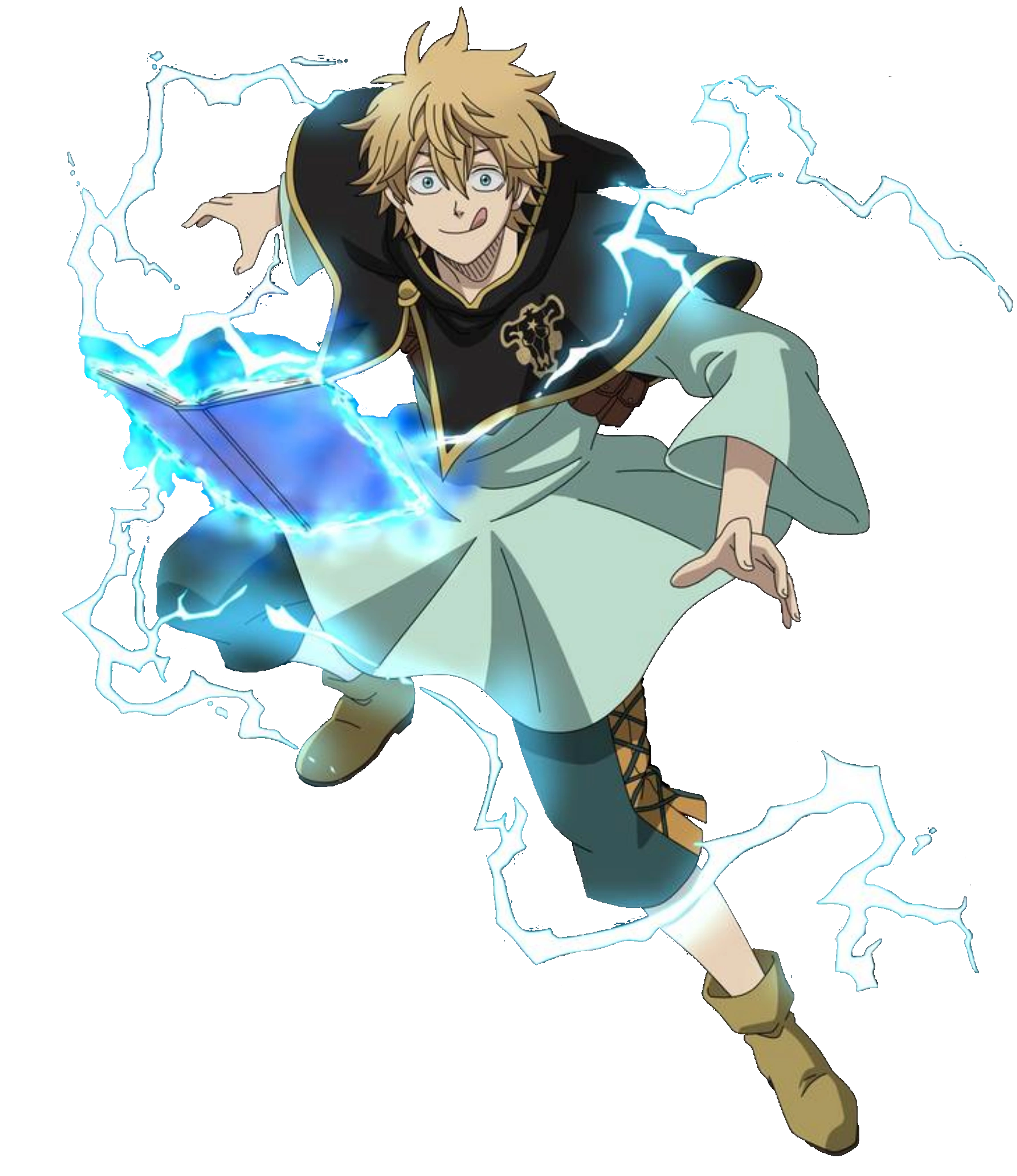 An anime-style character with blond hair and blue eyes, wearing a green outfit and cape, in a fighting stance with electricity crackling around them.