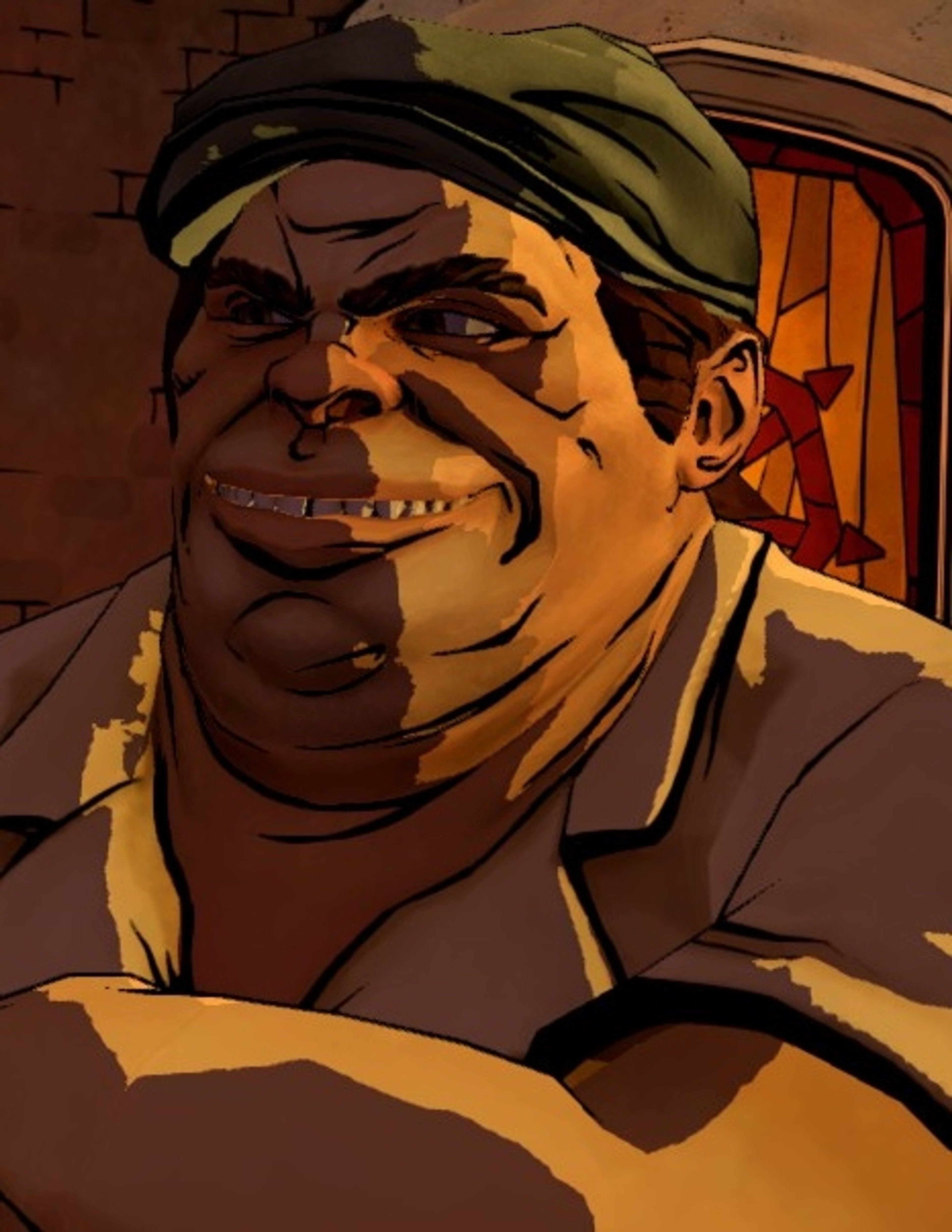 A heavyset, intimidating-looking man with a bowler hat and yellow shirt