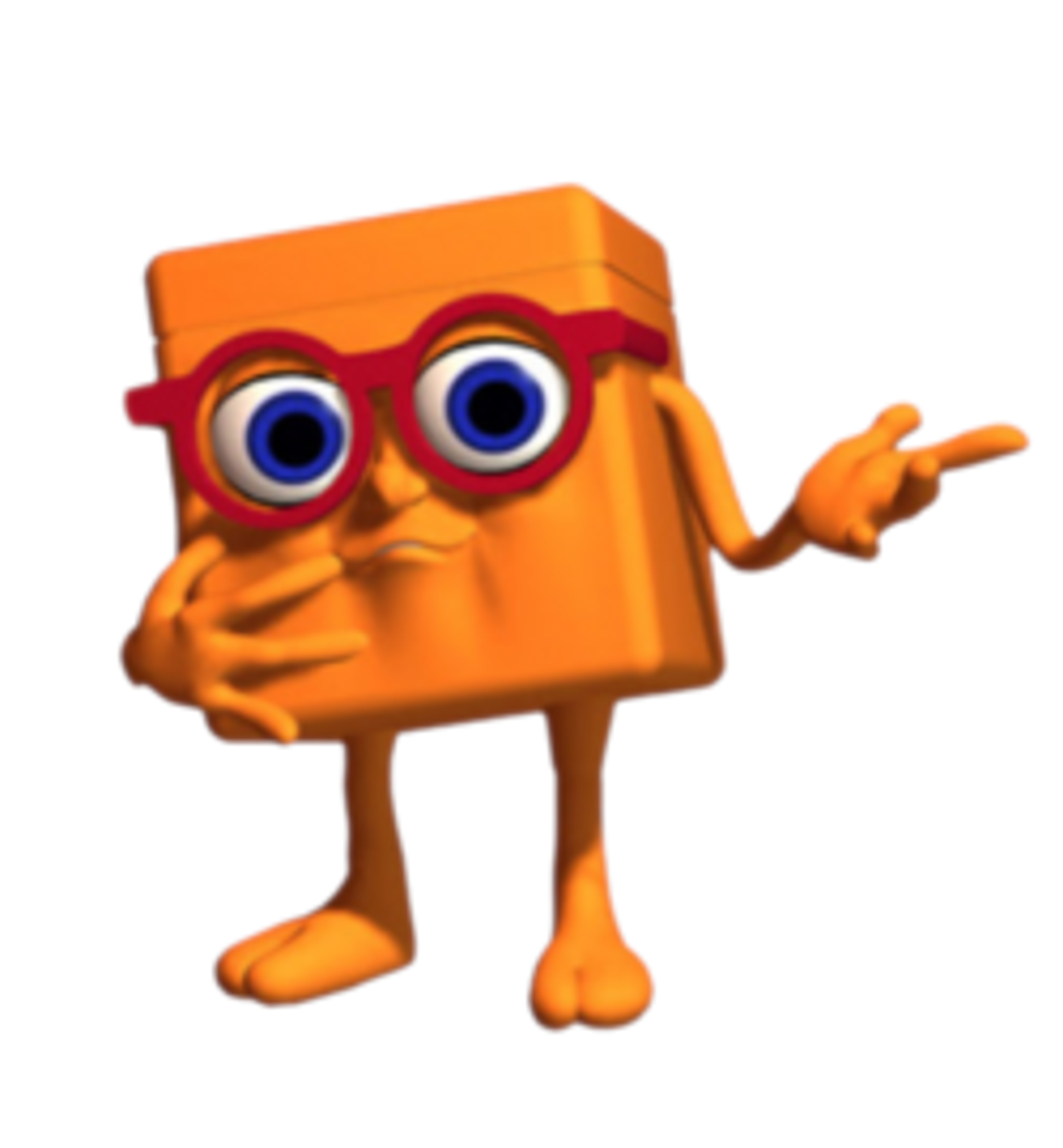 Orange cube-shaped character with blue eyes and glasses