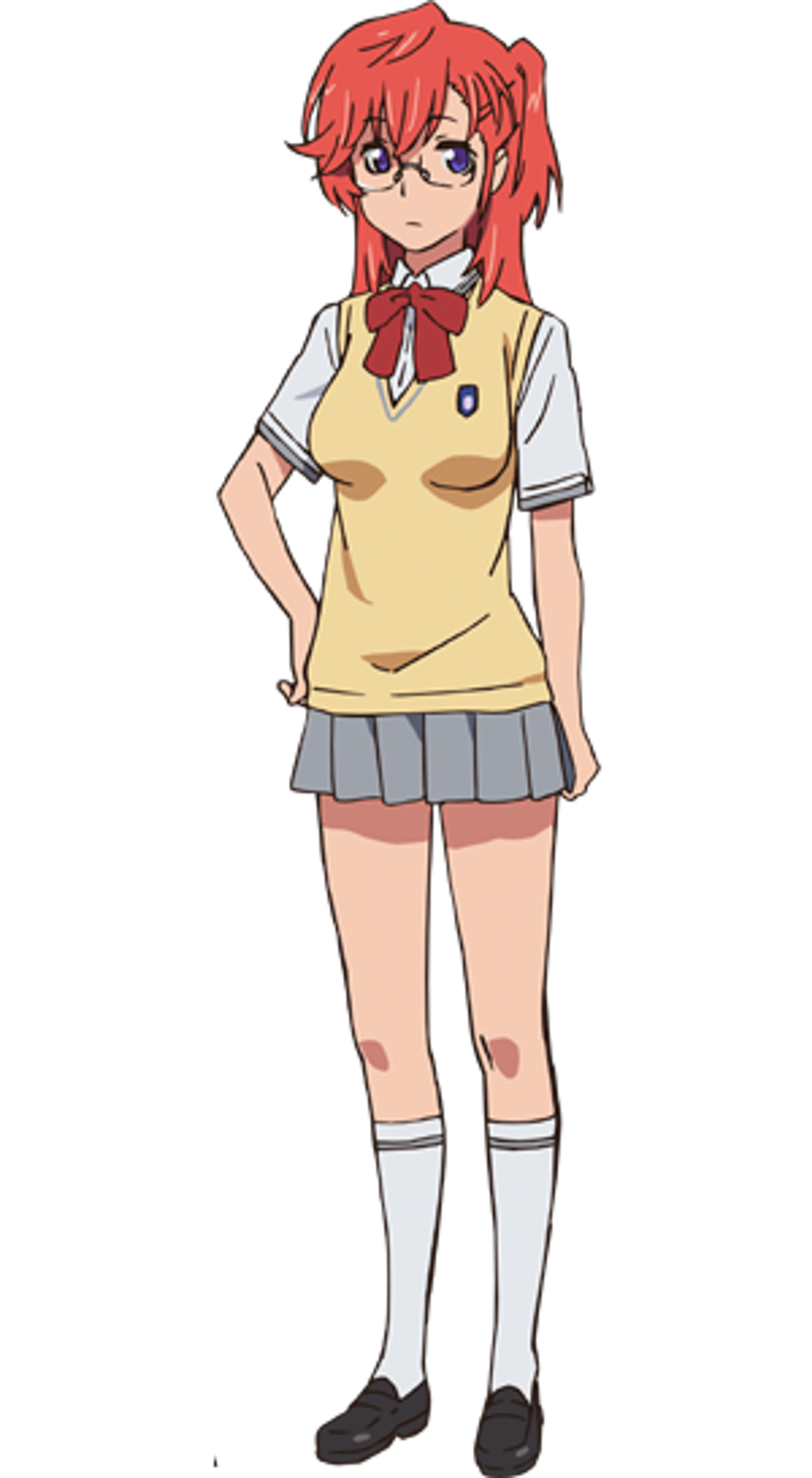 An anime-style character with red pigtails wearing a school uniform