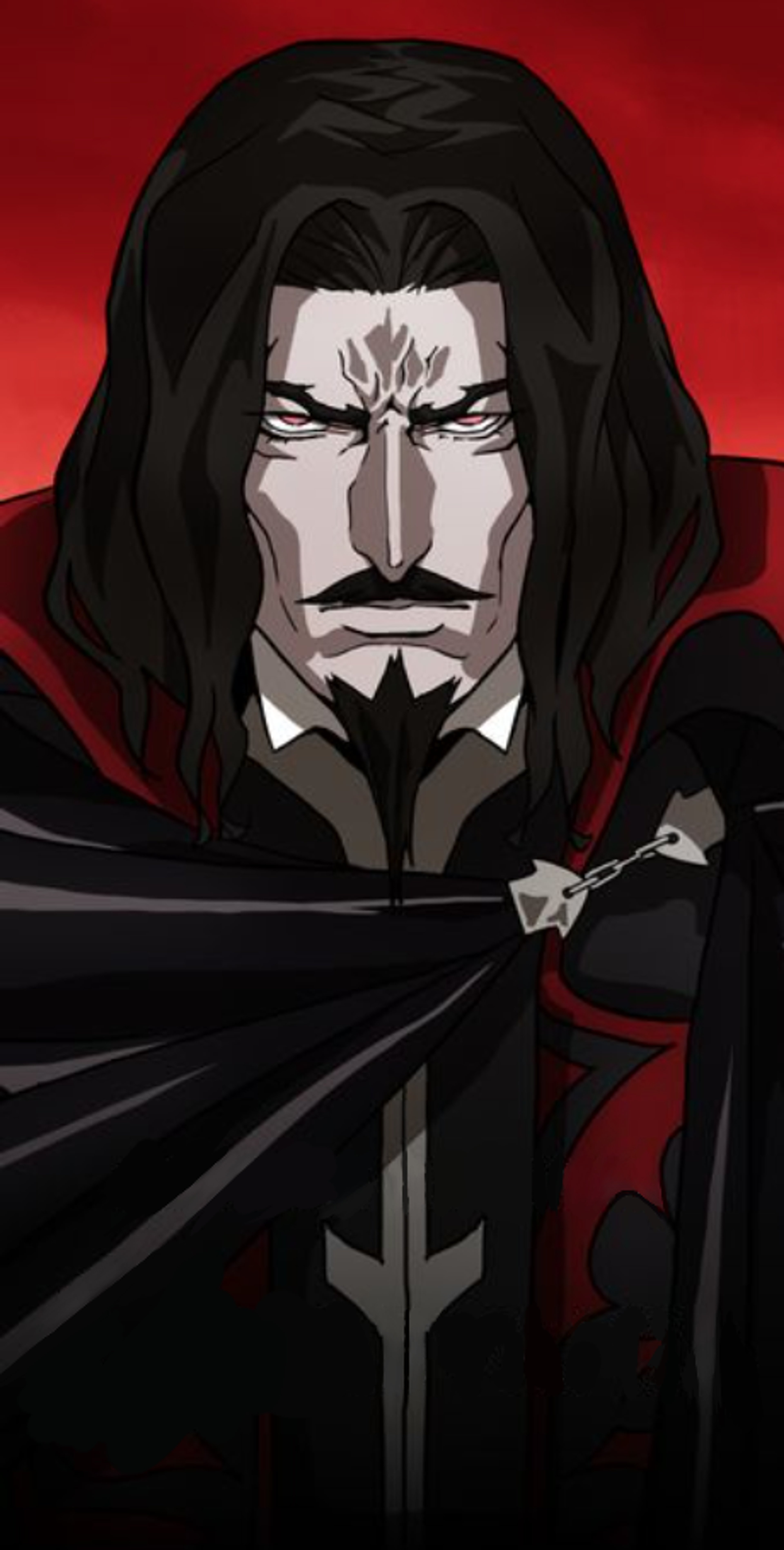 A dark, powerful-looking figure in a black cloak against a red background