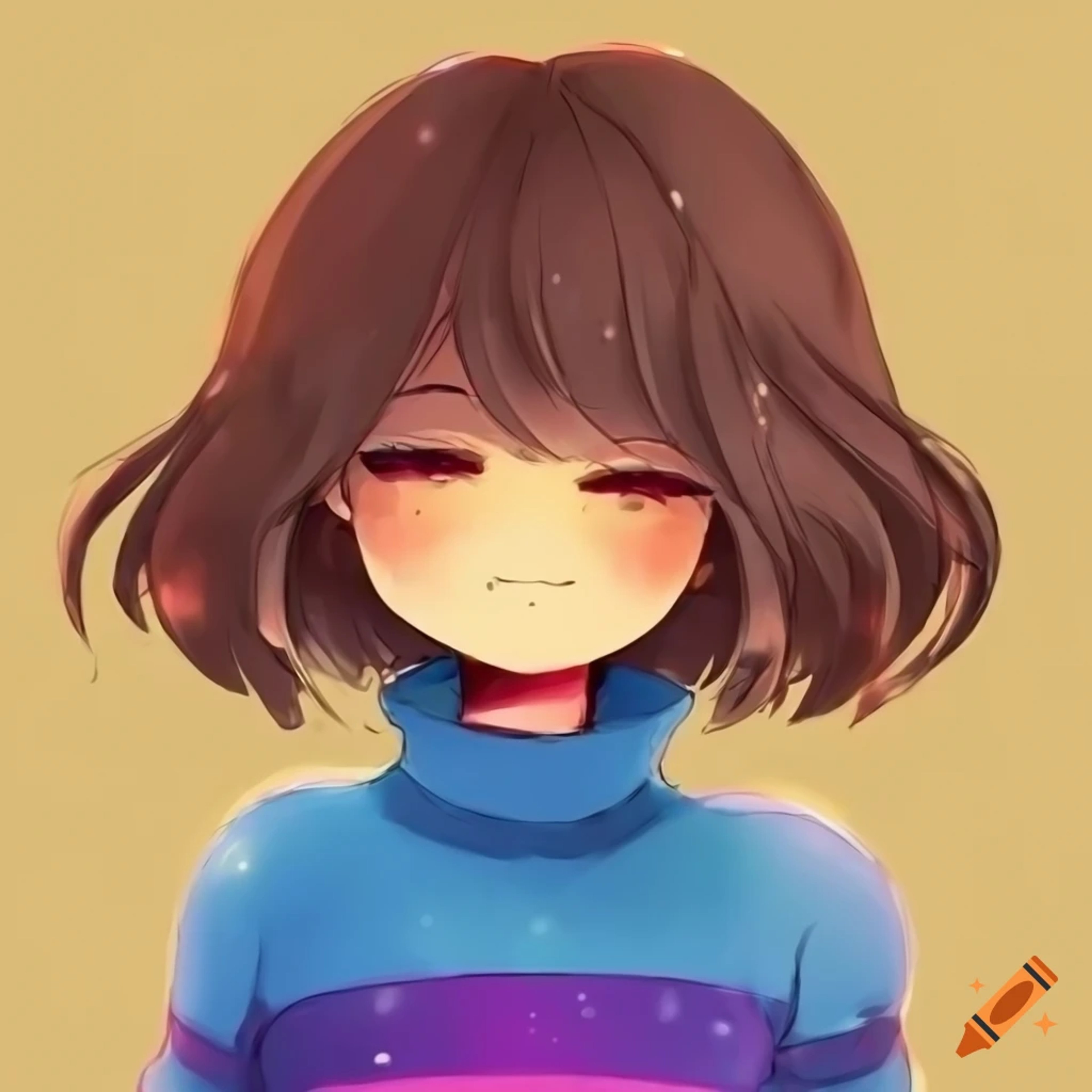 An anime-style character with large eyes and long dark hair wearing a blue sweater or shirt.