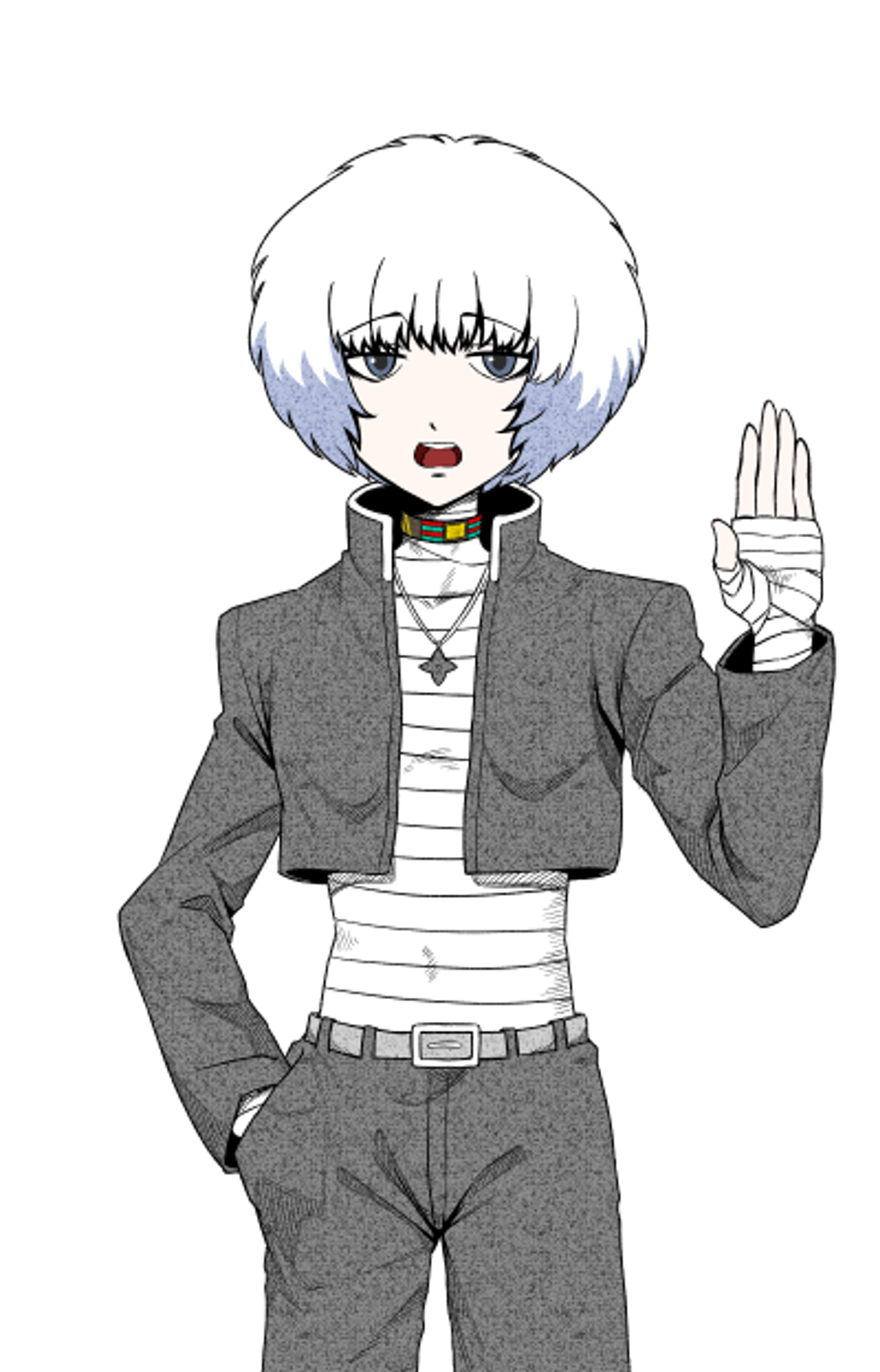 A teenage boy with fluffy white hair wearing a high school uniform and bandages