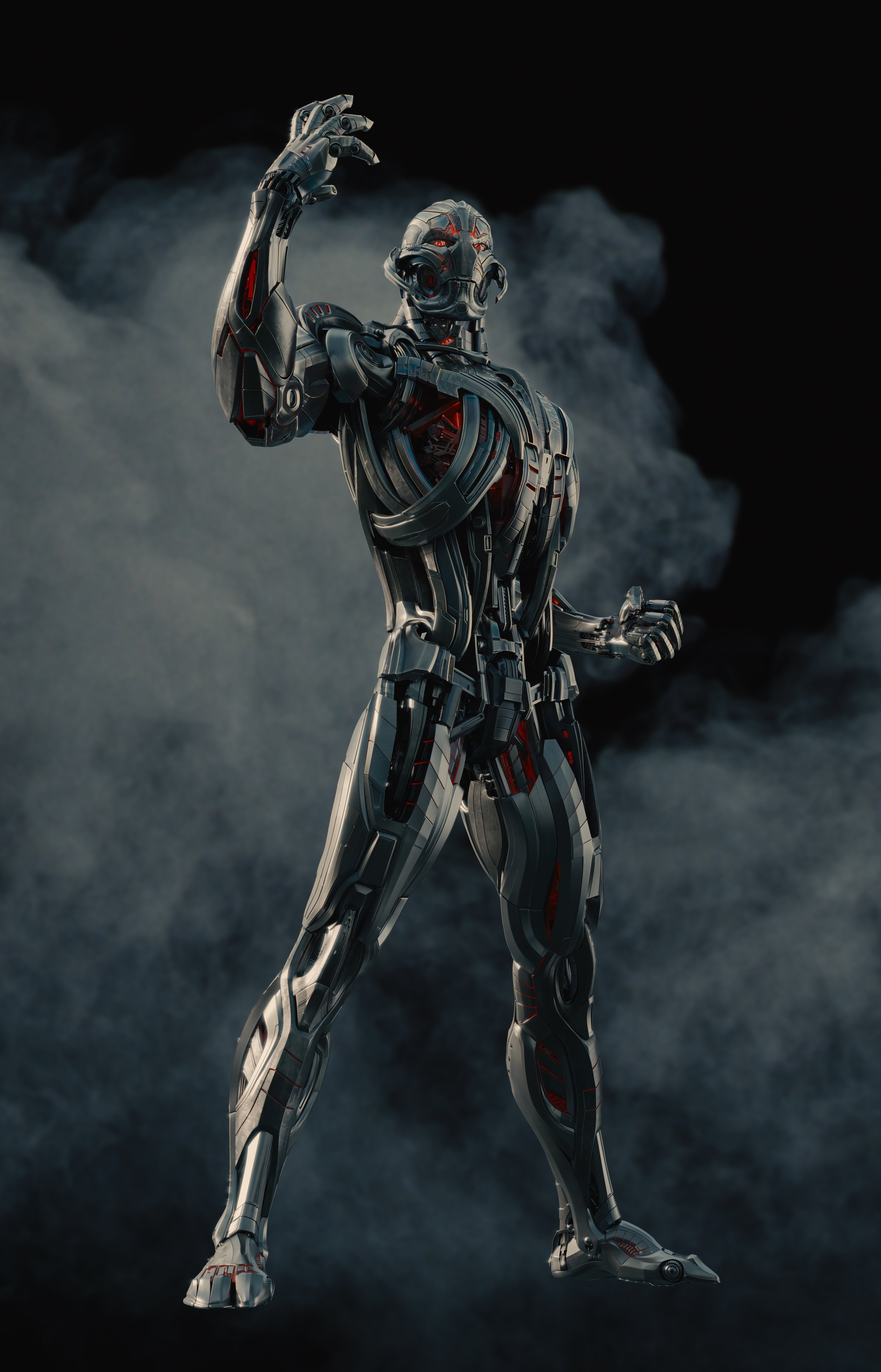 A towering, metallic humanoid figure with a silver-black shell and glowing red eyes.