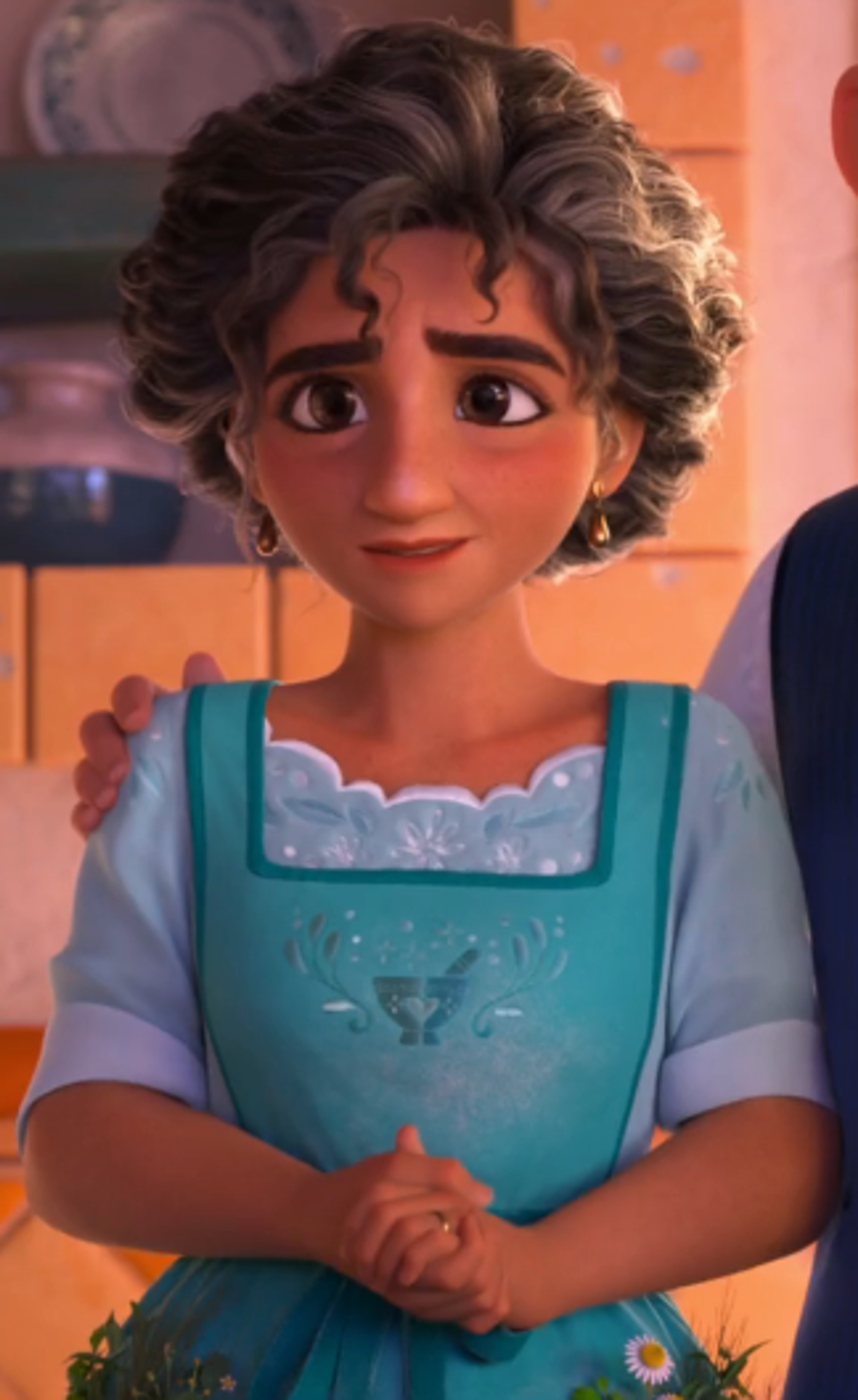 An animated woman with curly brown hair wearing a blue dress with white lace trim