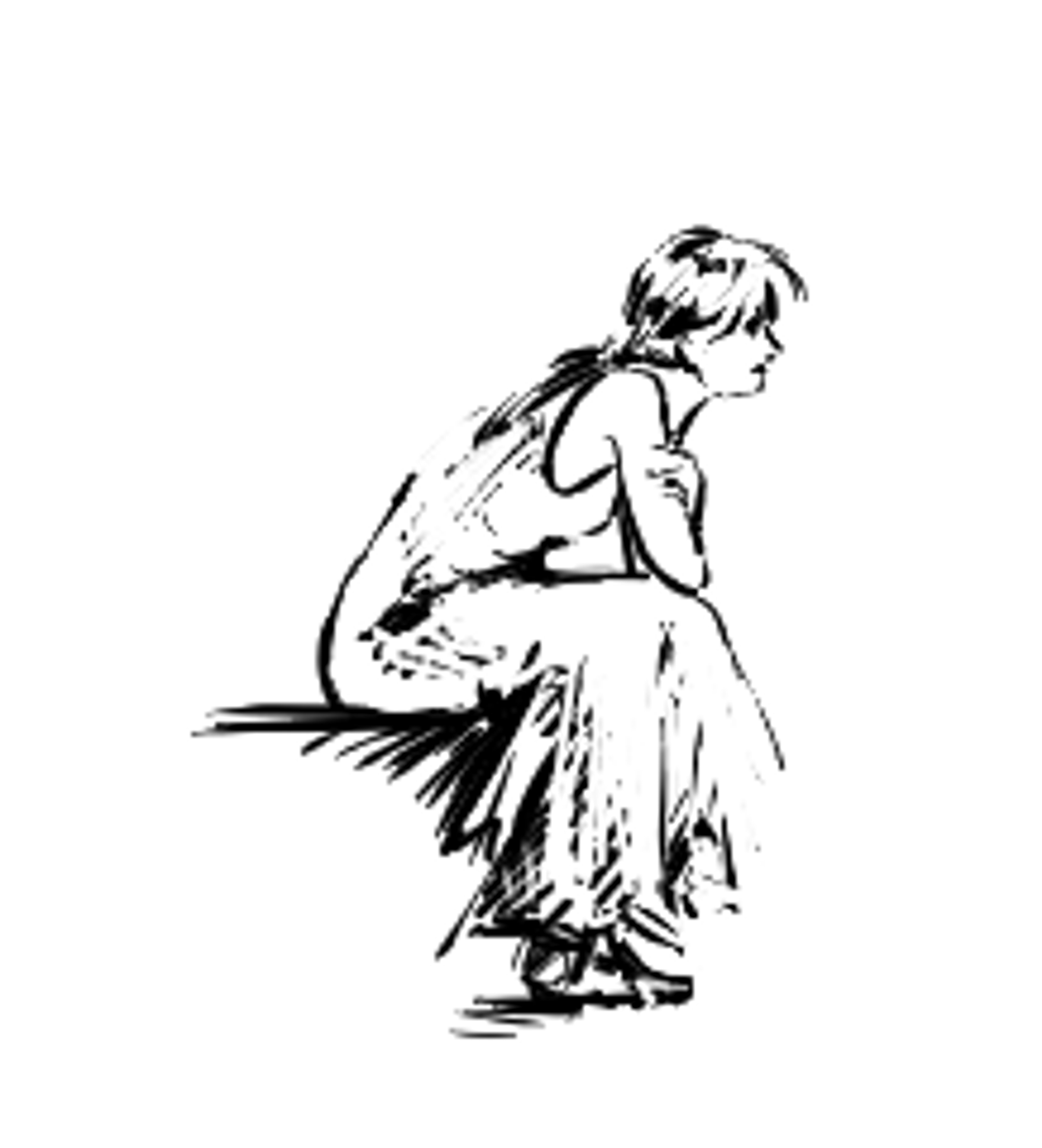 A detailed black and white sketch of a young woman in a thoughtful pose.