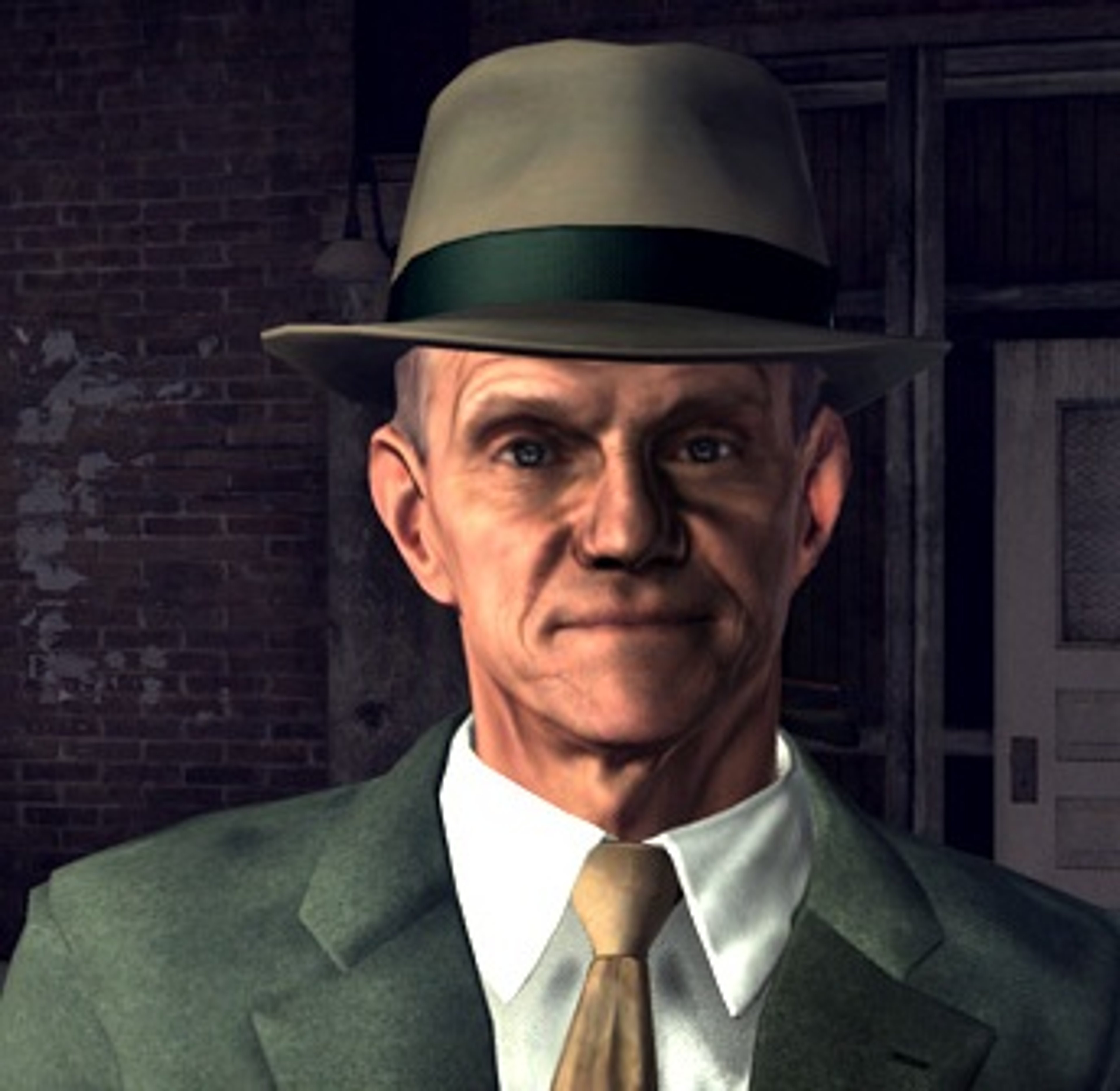 A middle-aged man in a green suit and hat with a stern expression