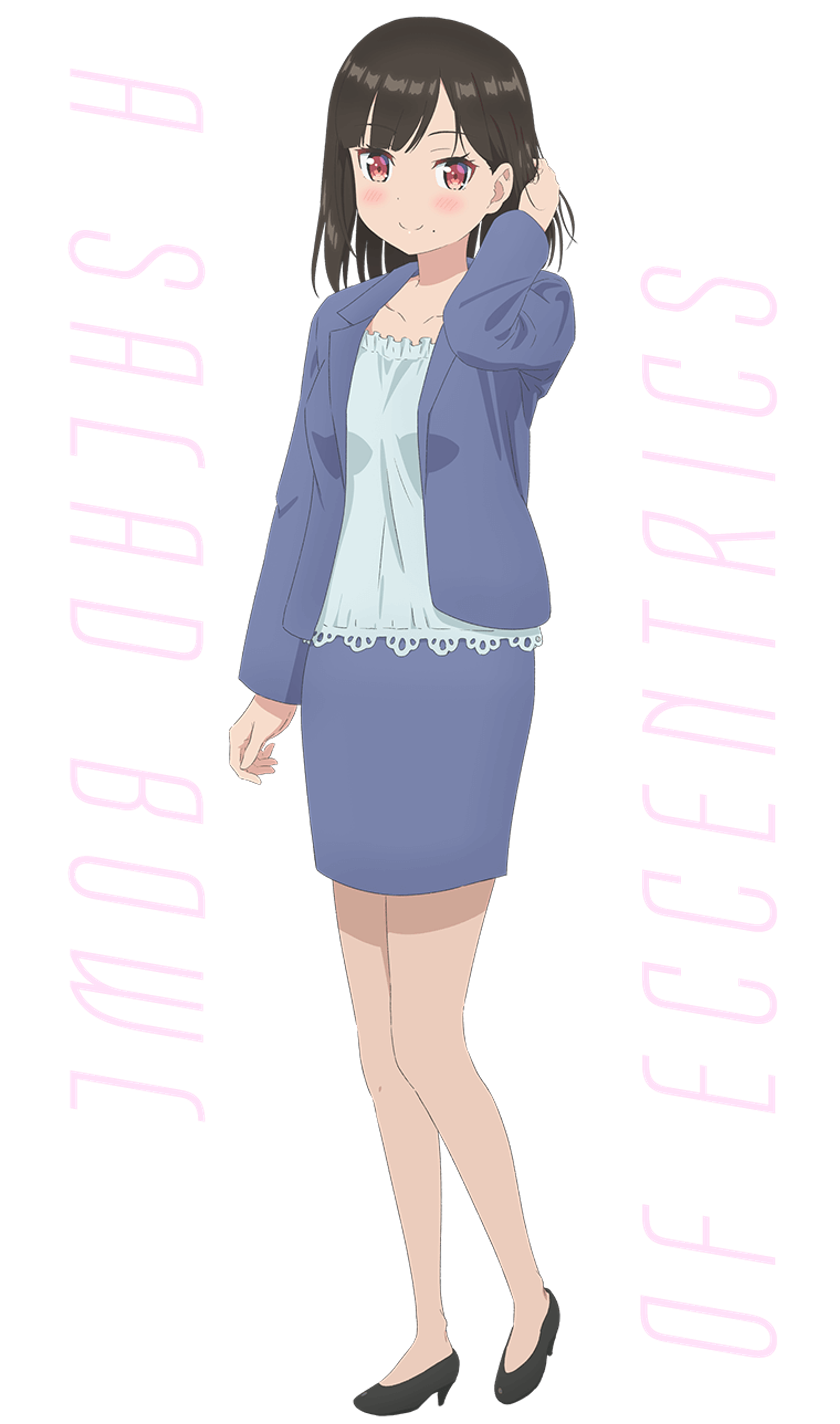 A young woman with black hair and red eyes, wearing a blue jacket and skirt.