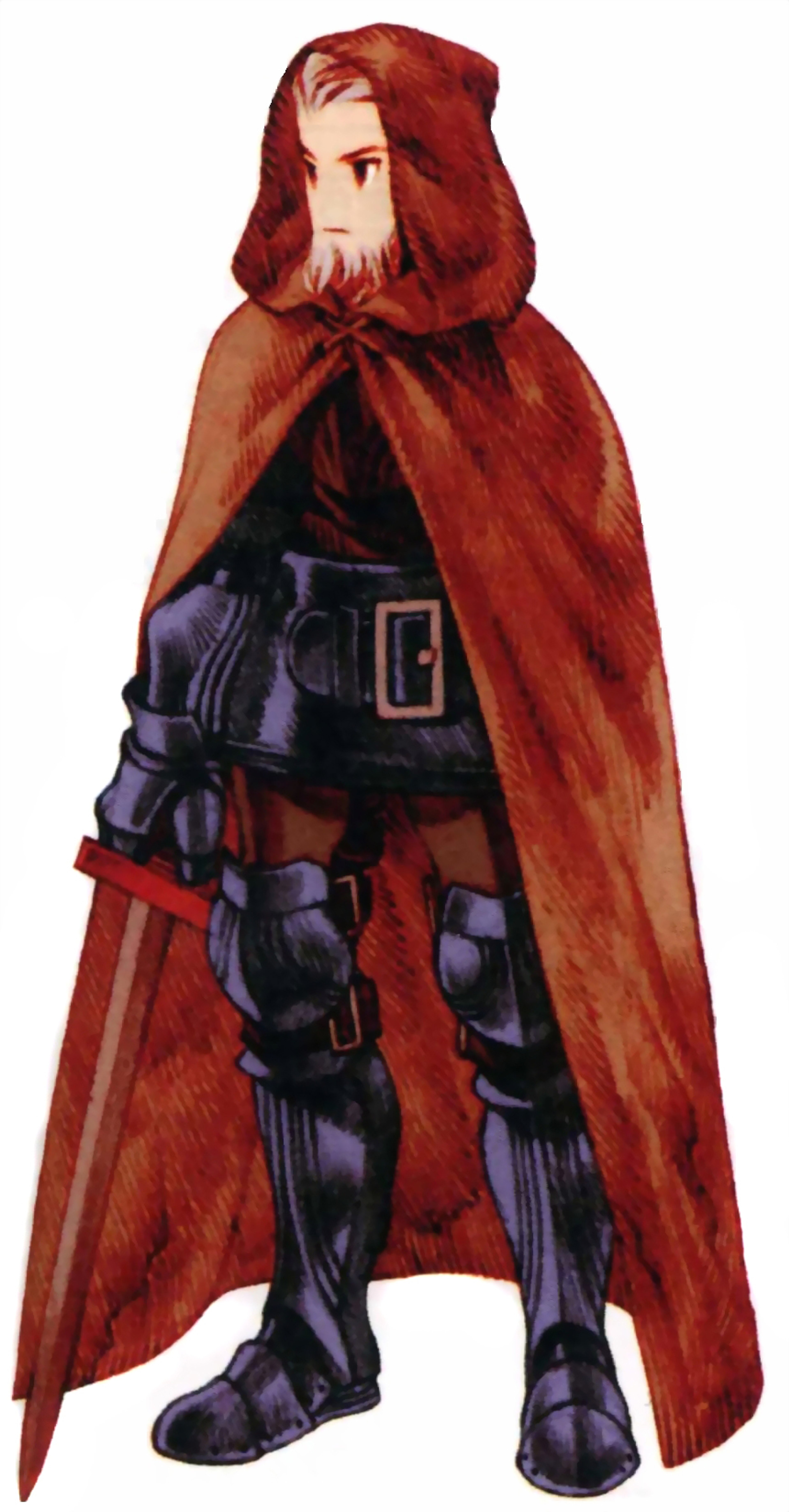 A character with long red hair wearing a dark hooded cloak and holding a sword