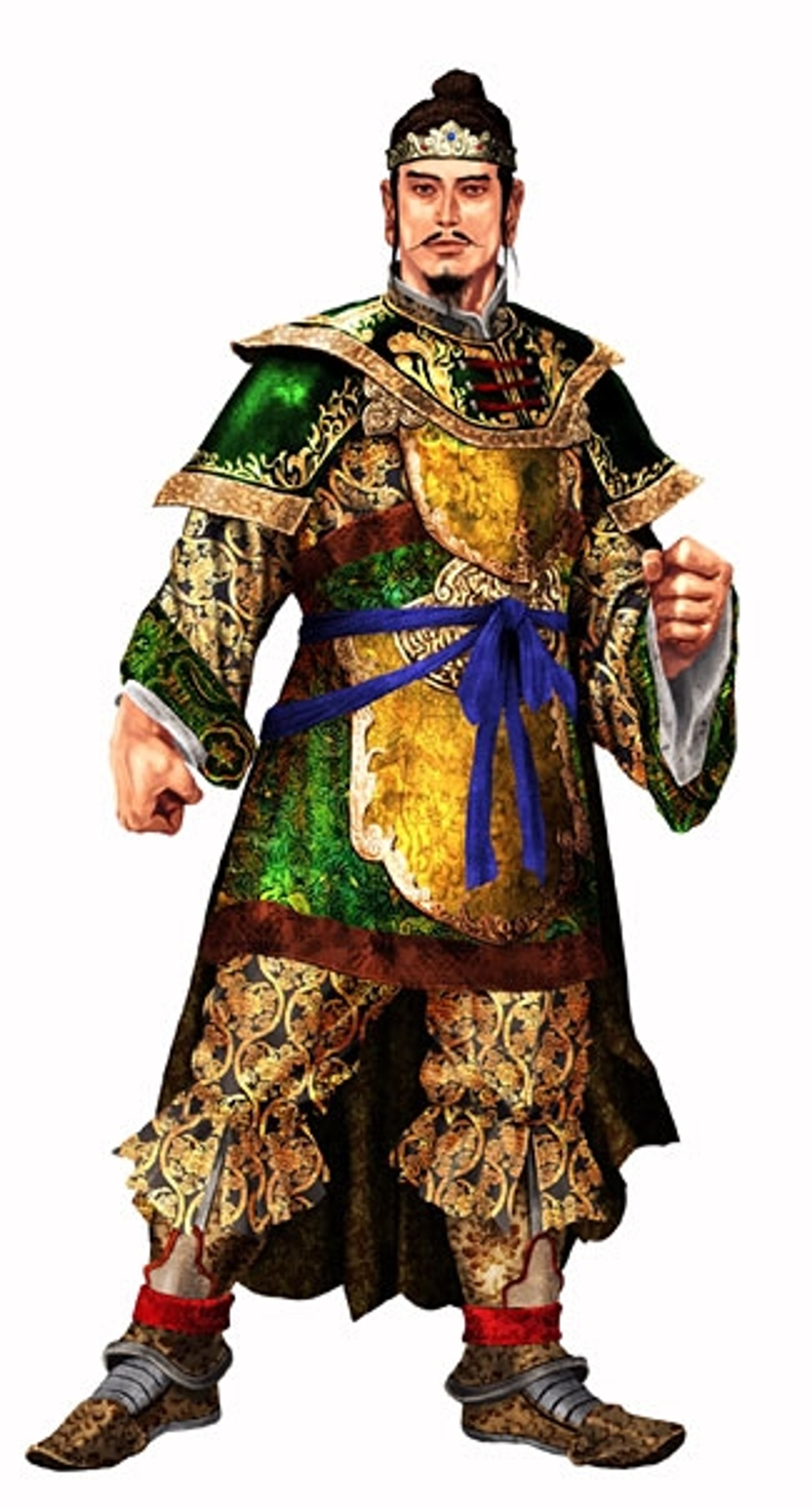 A man in ornate, colorful robes and armor holding a sword