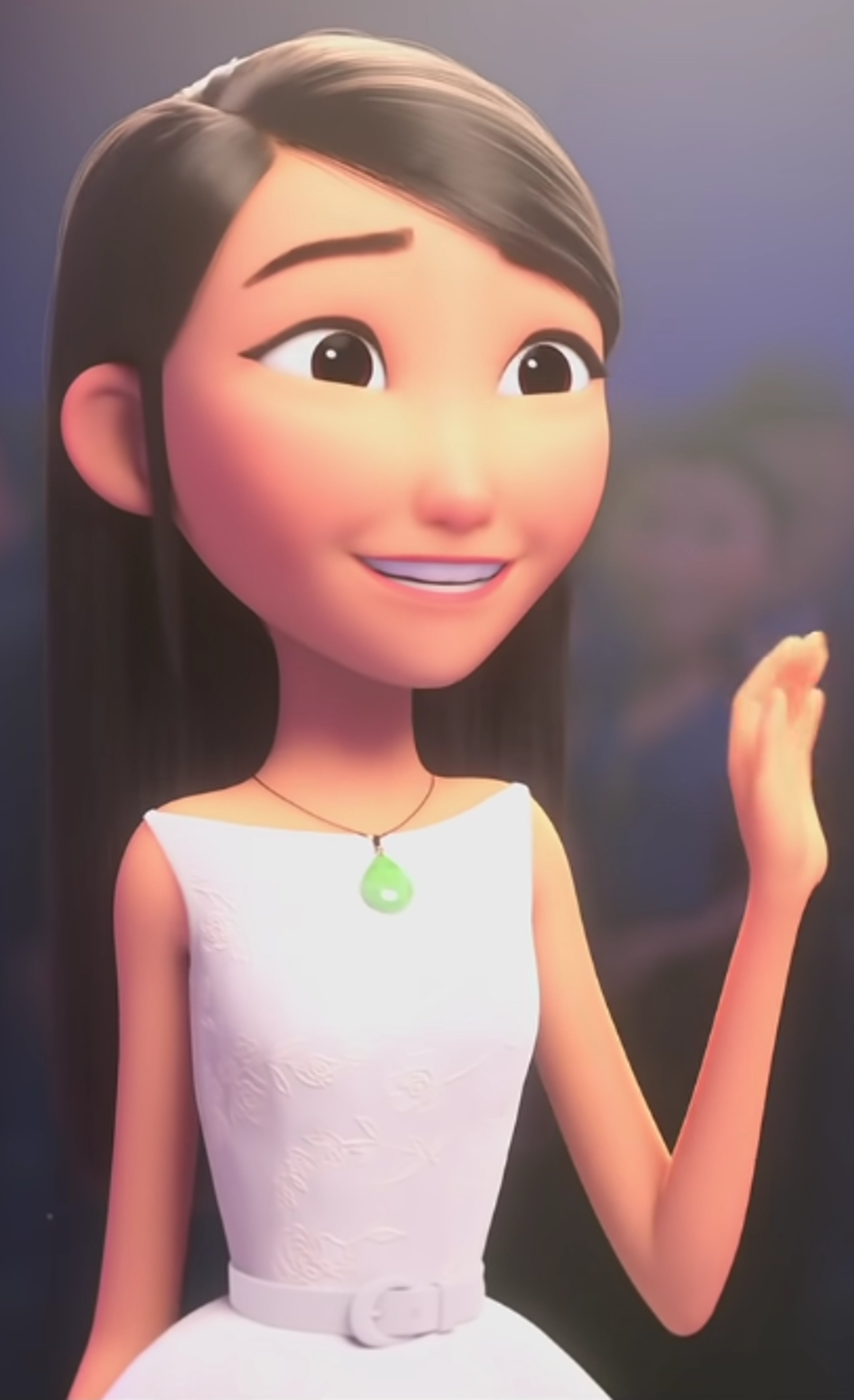 An animated female character with long black hair, almond-shaped eyes, and a slender yet curvy figure, wearing a white dress and a green necklace.