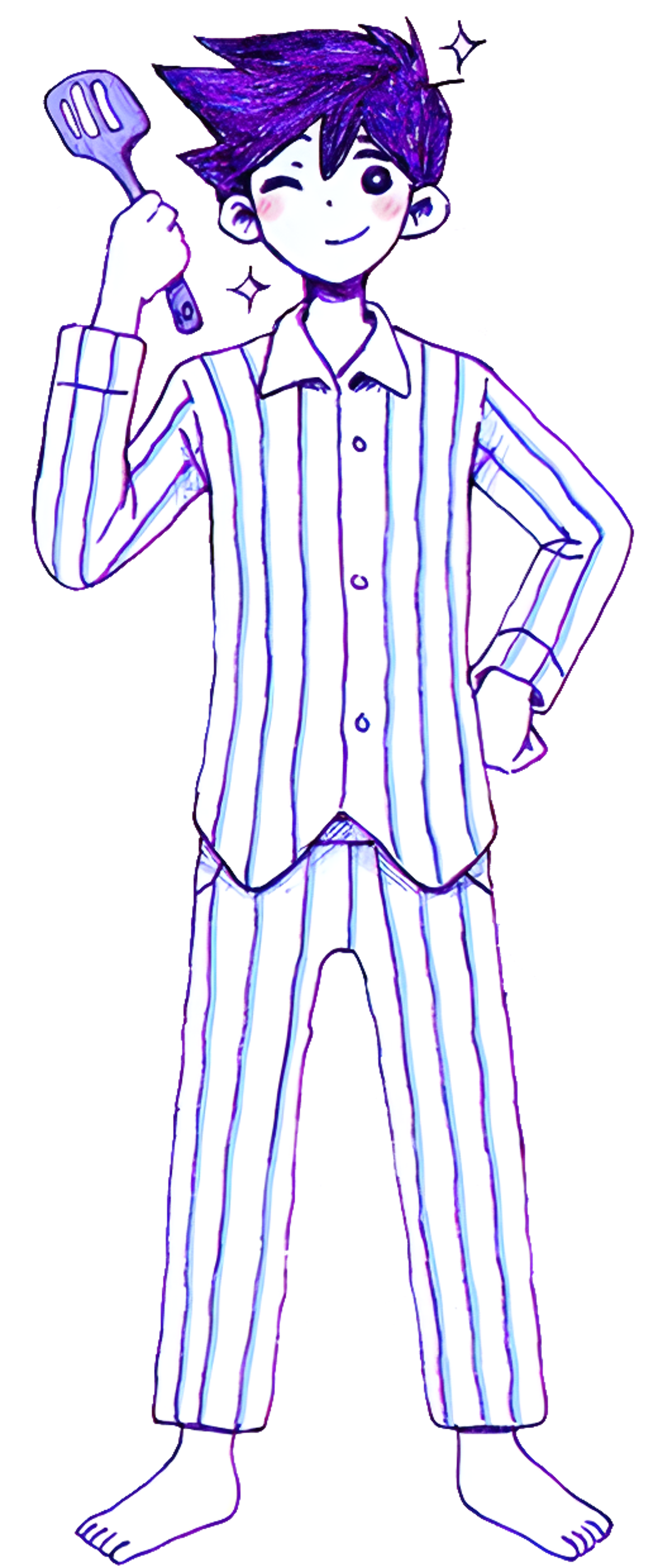 An animated character with purple hair wearing a striped shirt and holding a cooking utensil
