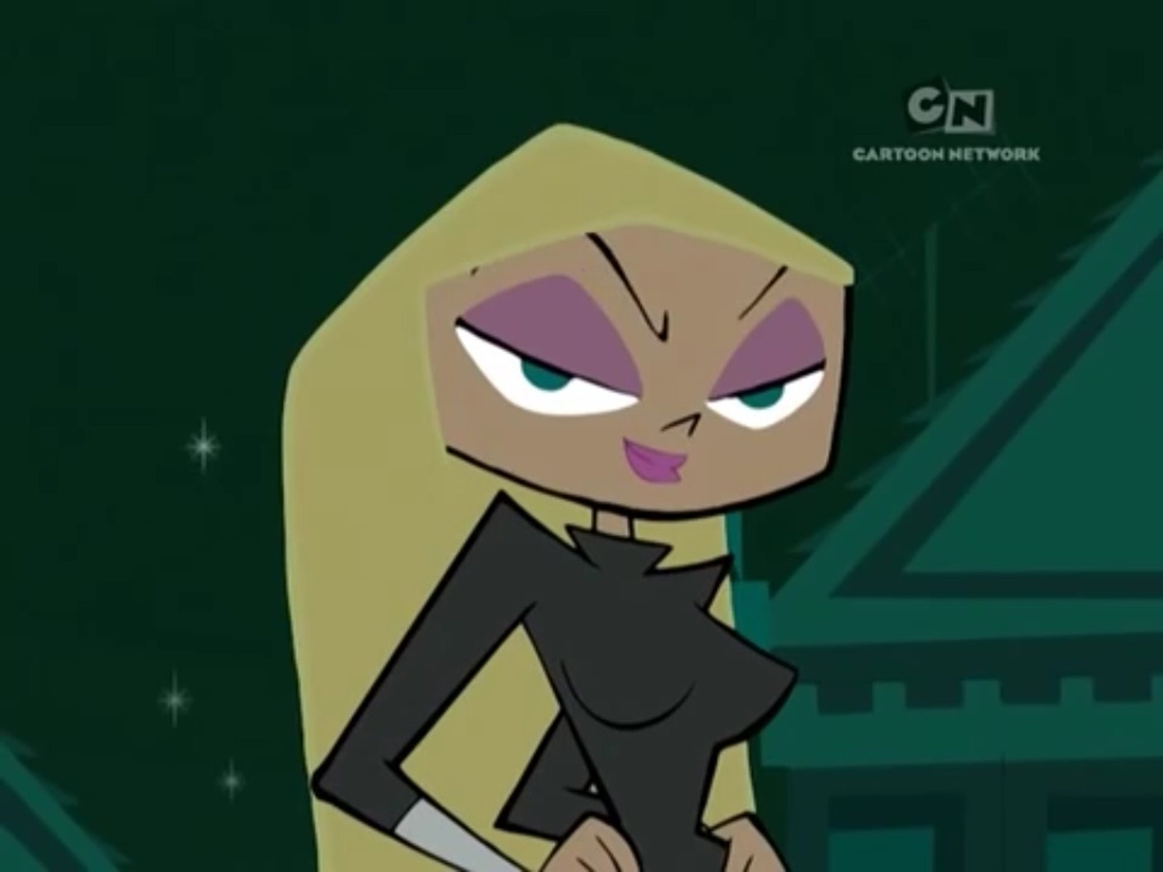 An animated female spy character with blonde hair and a black outfit