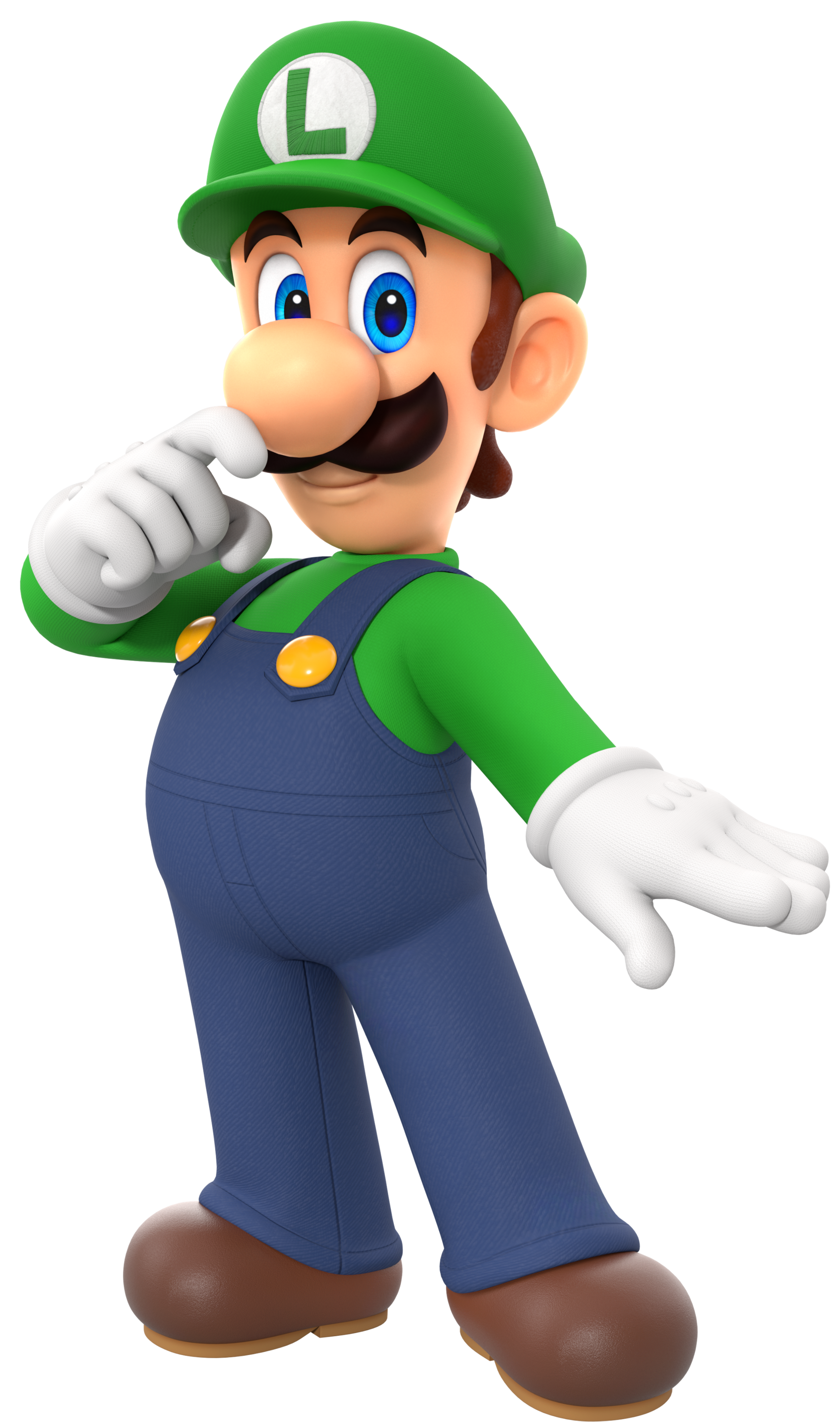 A cartoon character named Luigi, the taller, thinner twin brother of Mario, wearing a green cap, green shirt, and blue overalls.