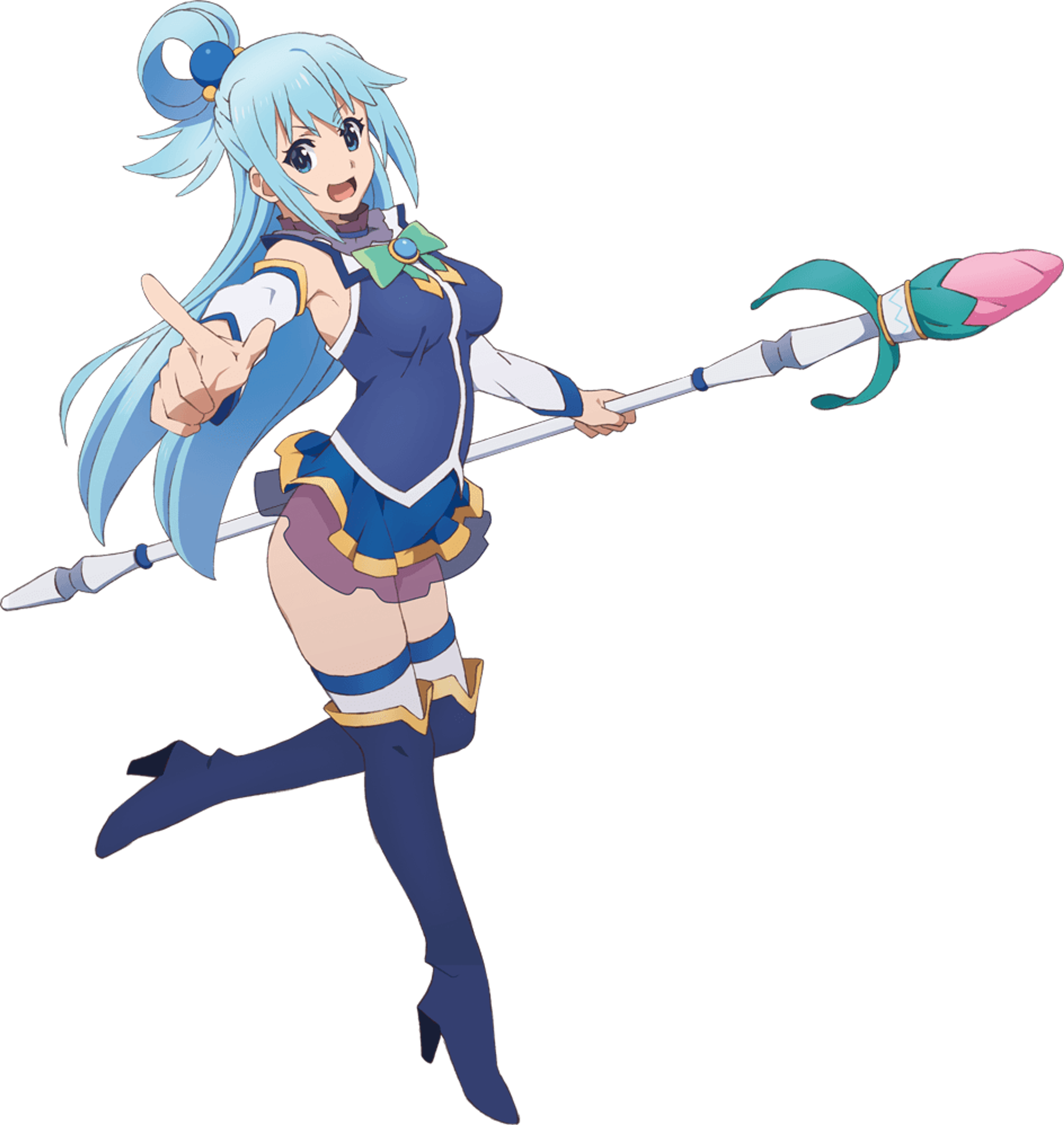 An anime-style character with blue hair and eyes, wearing a blue outfit and holding a staff.