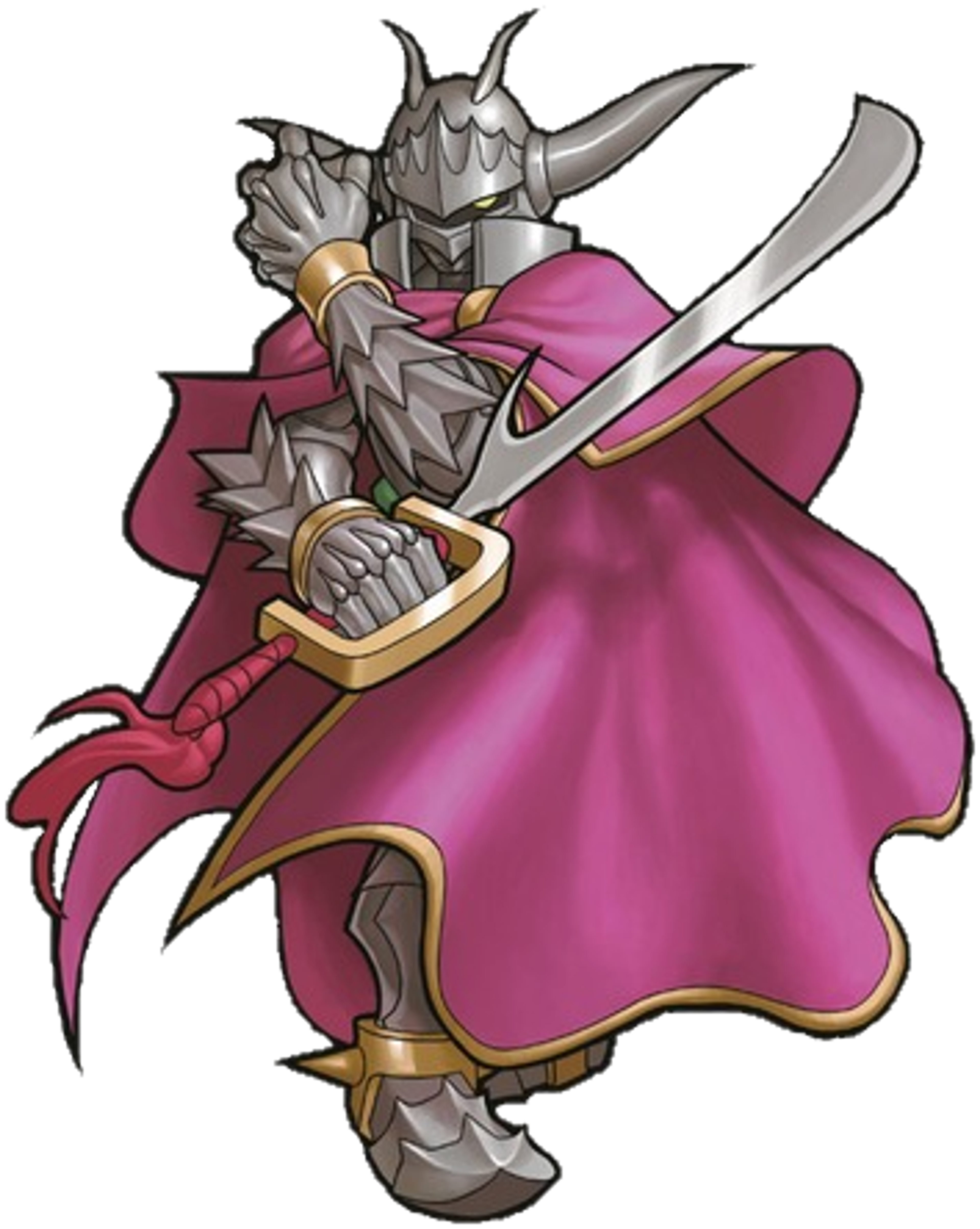 A knight in ornate armor with a horned helmet and flowing cape, wielding a sword.