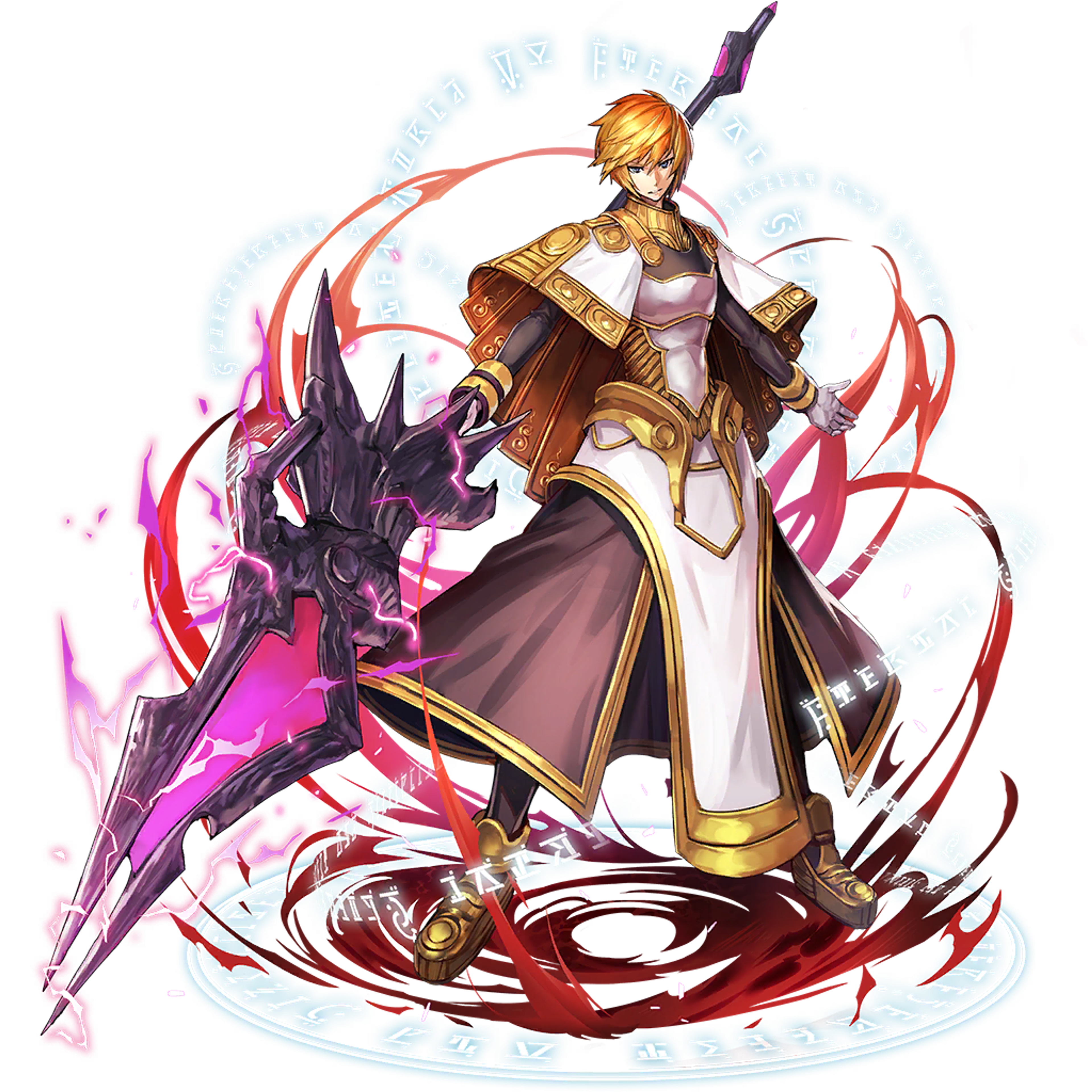 A powerful, serious-looking male character in a fantasy-style robe and wielding a magical artifact