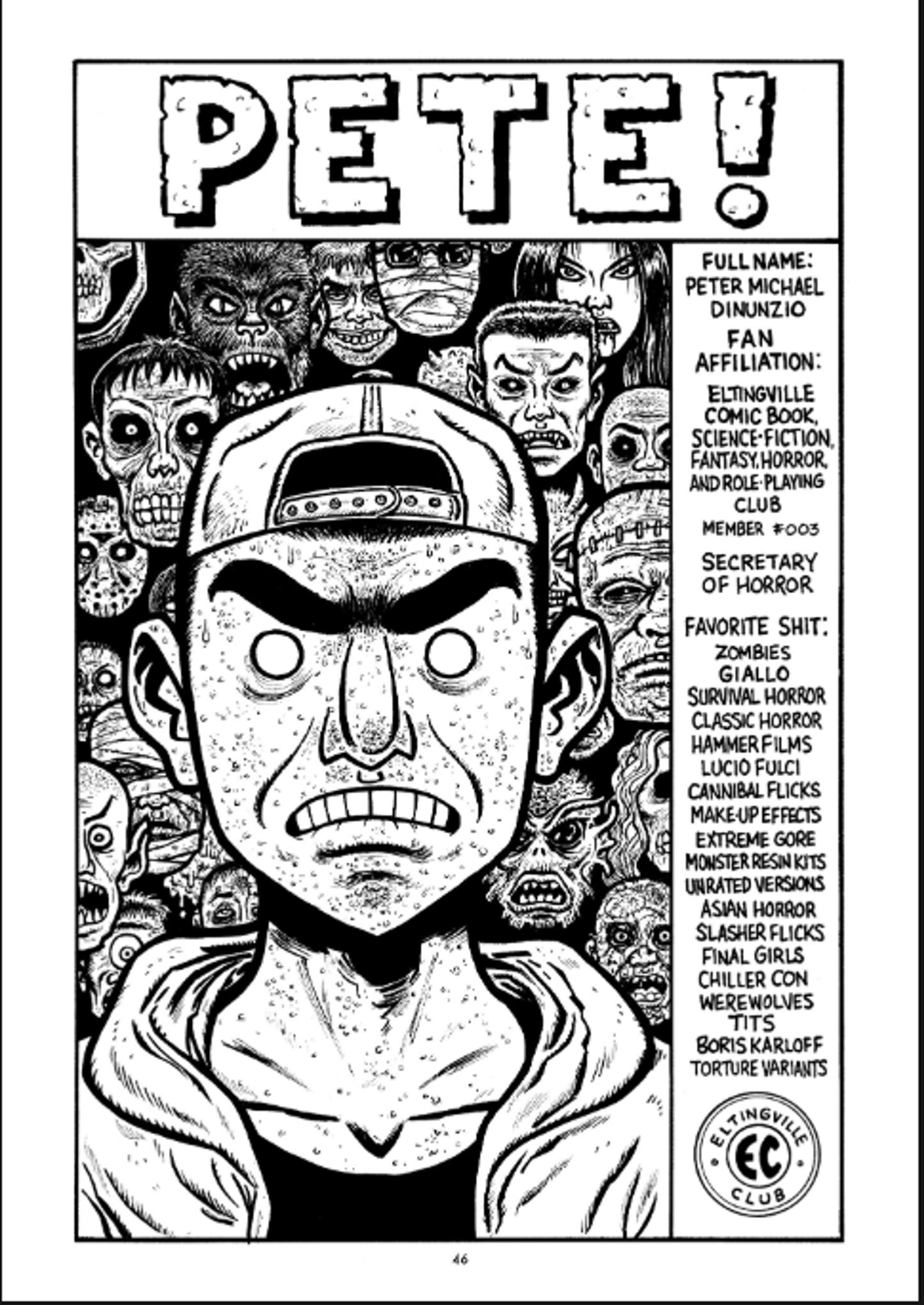 A detailed illustration of a teenage boy with a distinctive unibrow and acne, wearing a graphic horror t-shirt, jeans, and a backwards baseball cap.