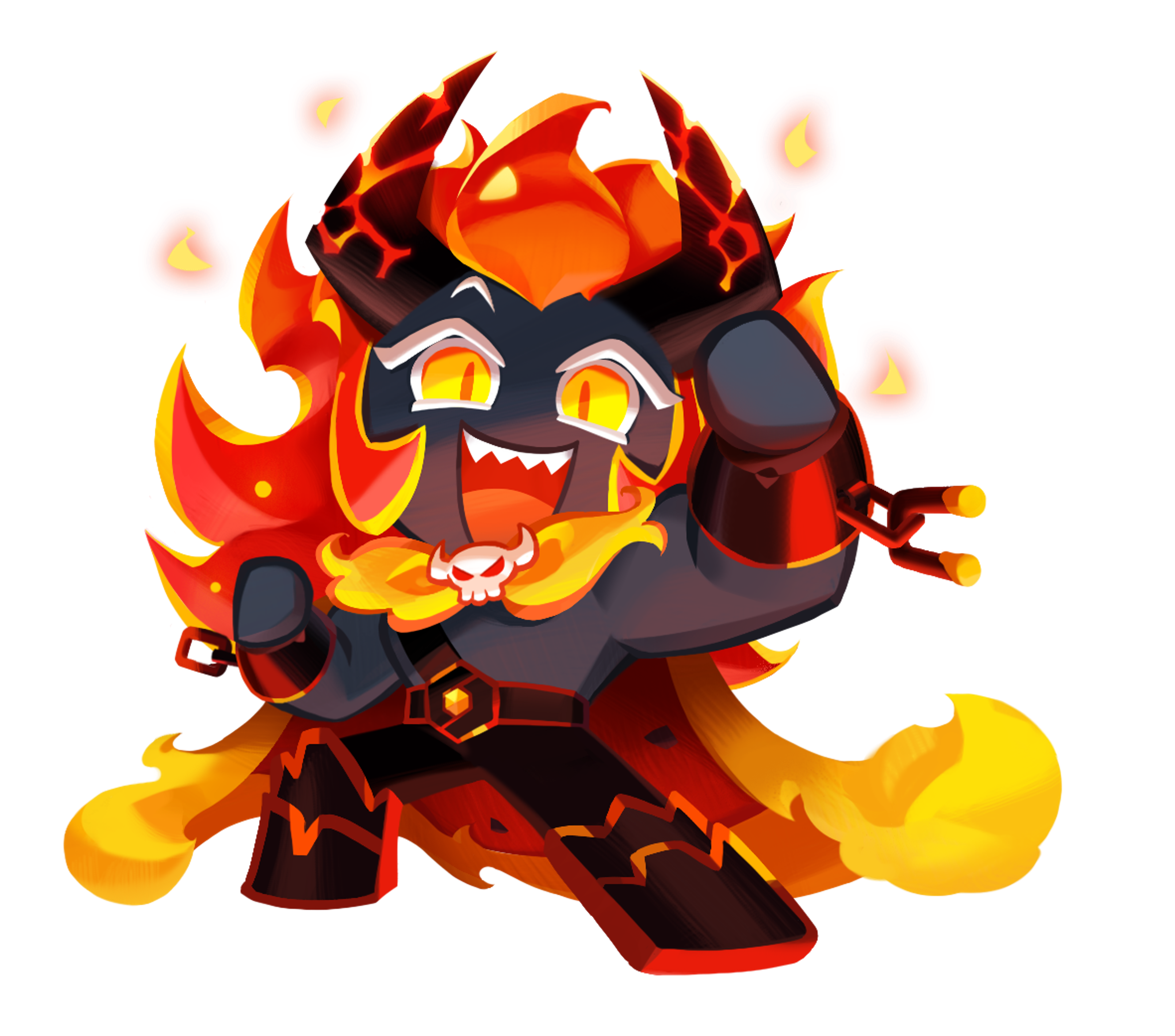 A large, muscular cookie character with fiery, spicy features