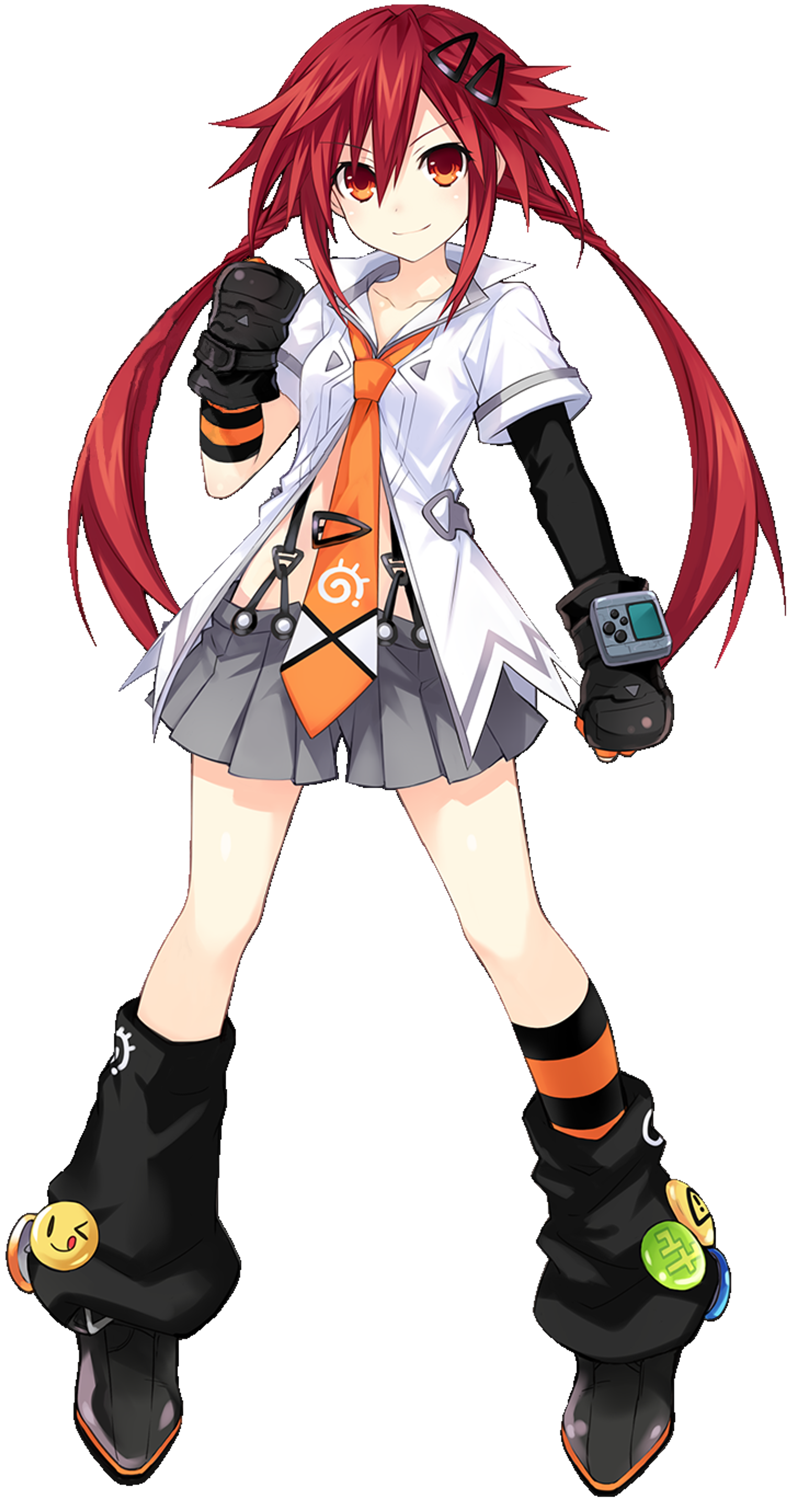 An anime-style character with red pigtails wearing a white school uniform and holding a megaphone.