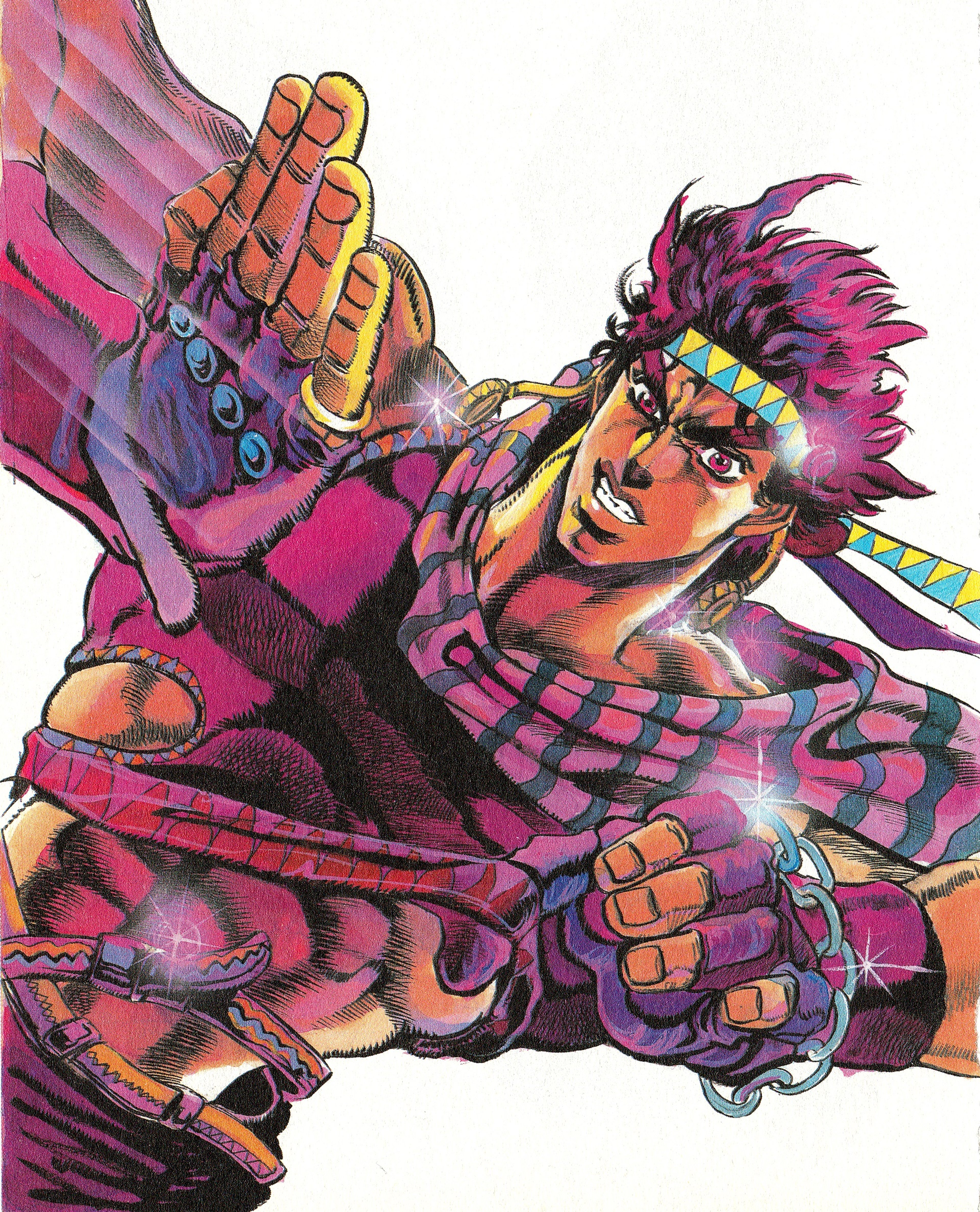 A colorful, muscular anime-style character in an action pose