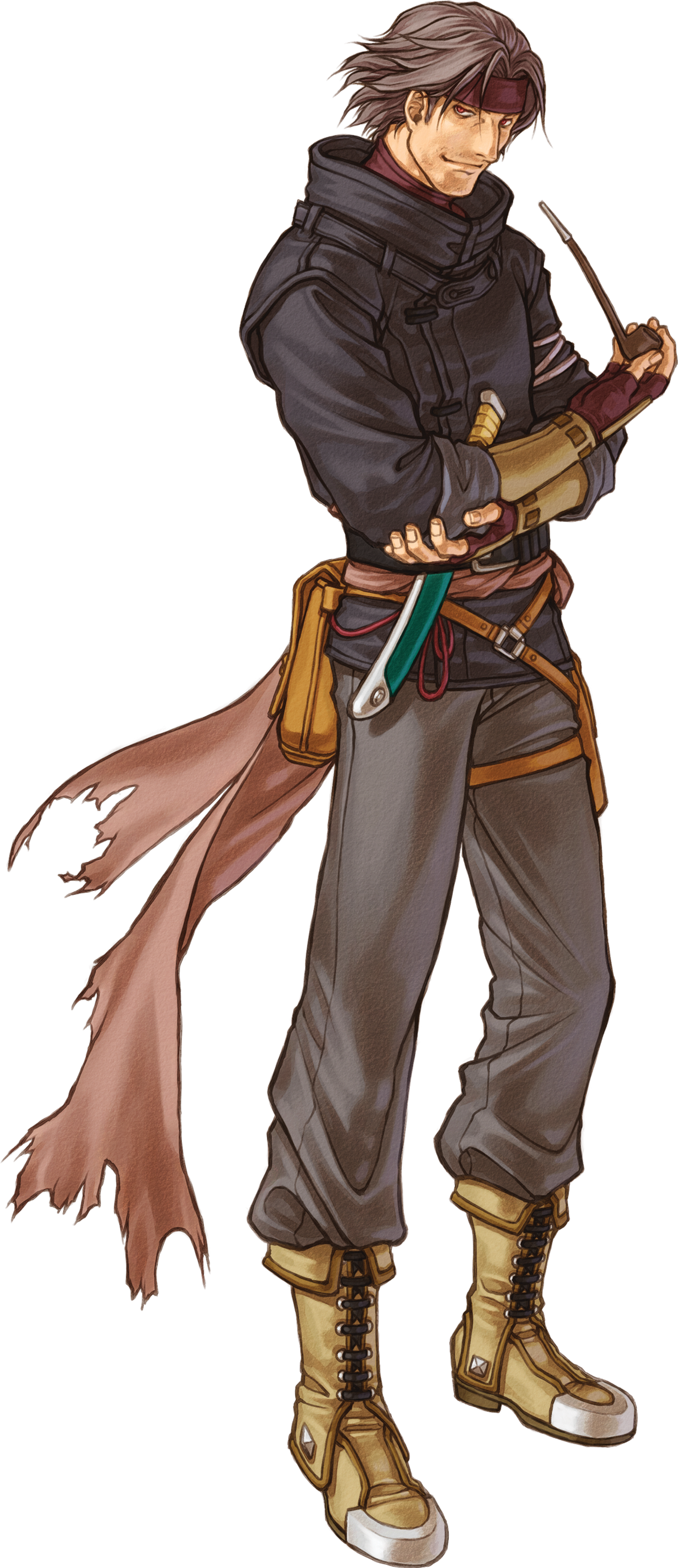 A male character in dark clothing holding a knife