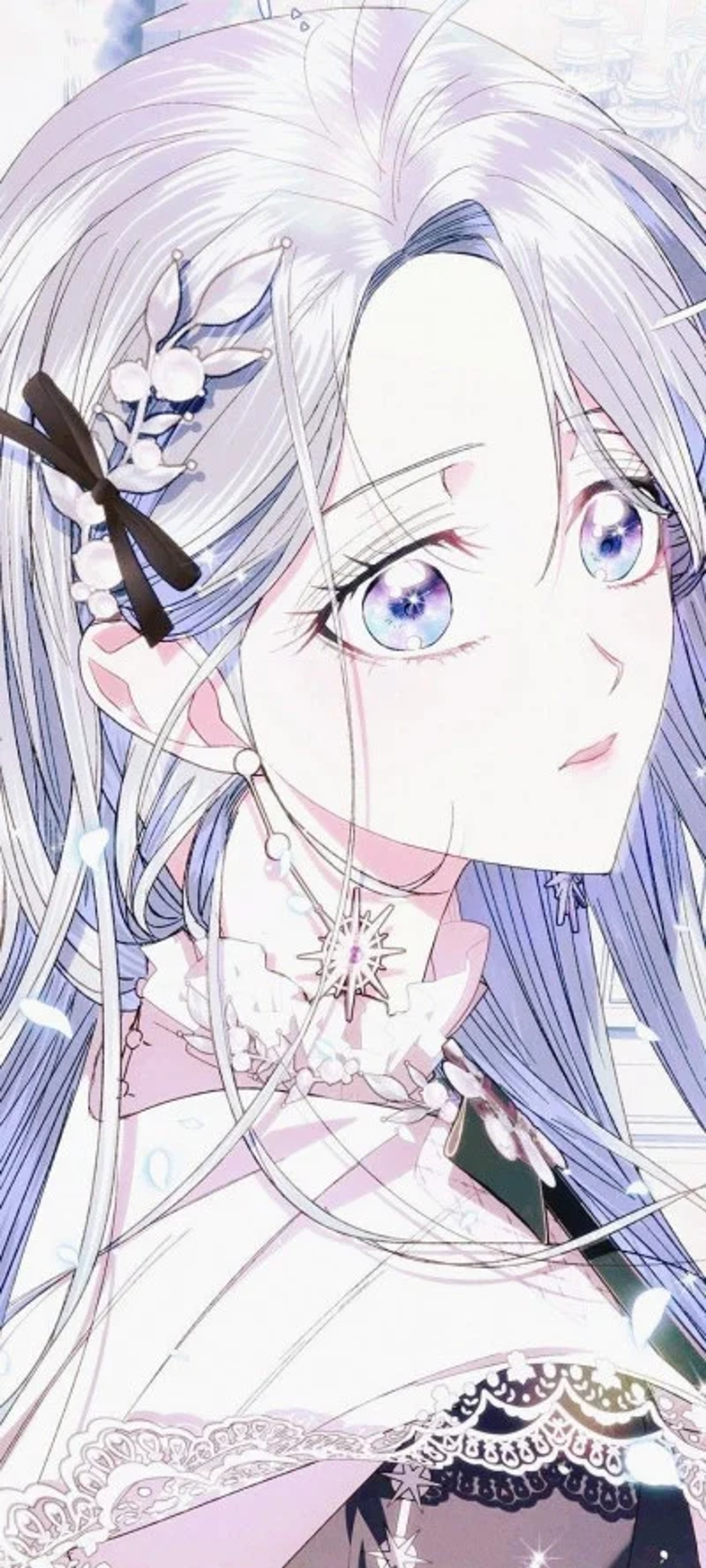 A young woman with light hair and blue eyes wearing a lace-trimmed dress