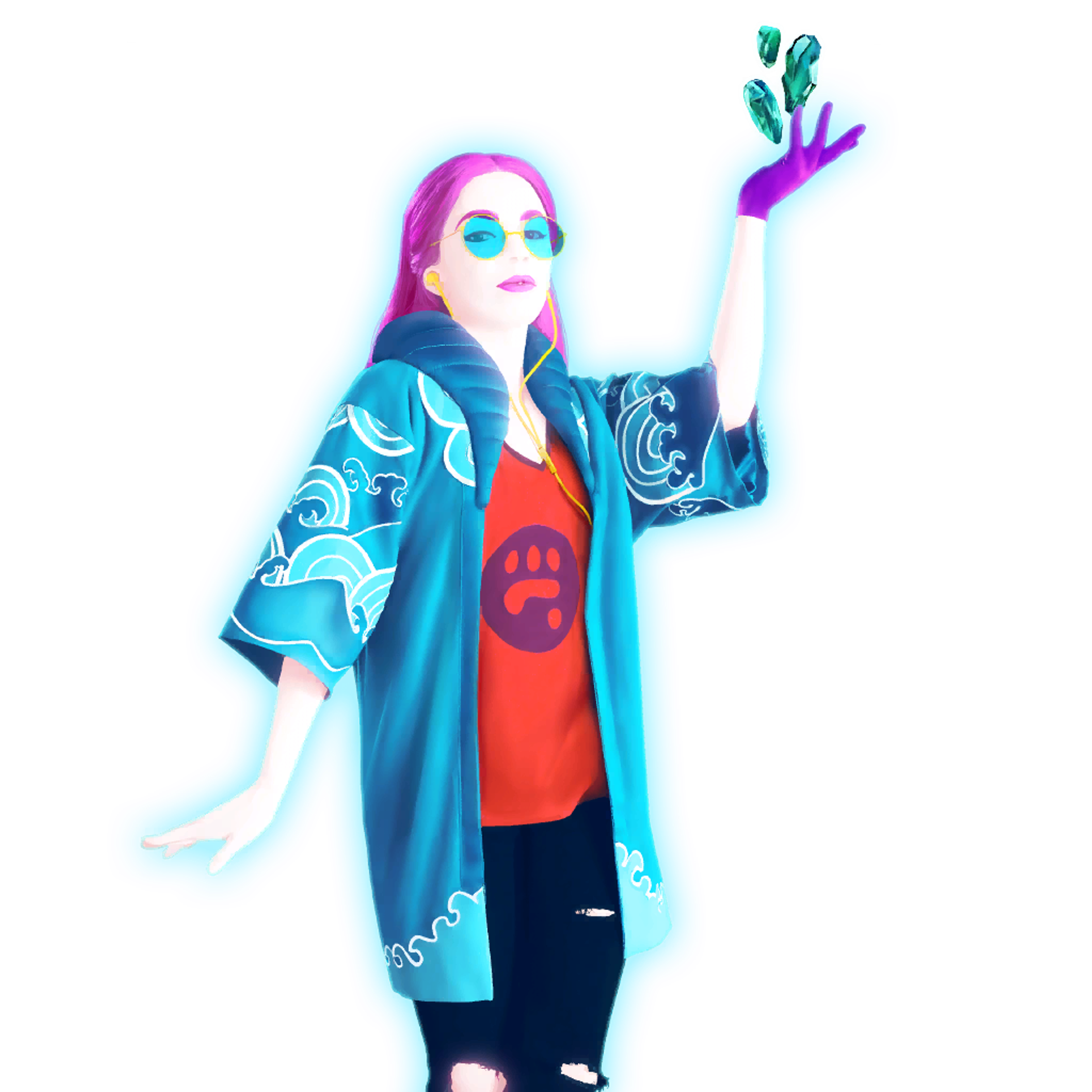 A non-binary shaman apprentice named Mihaly, with glowing green gem pieces floating around them, wearing flowing garments and having markings on their face.