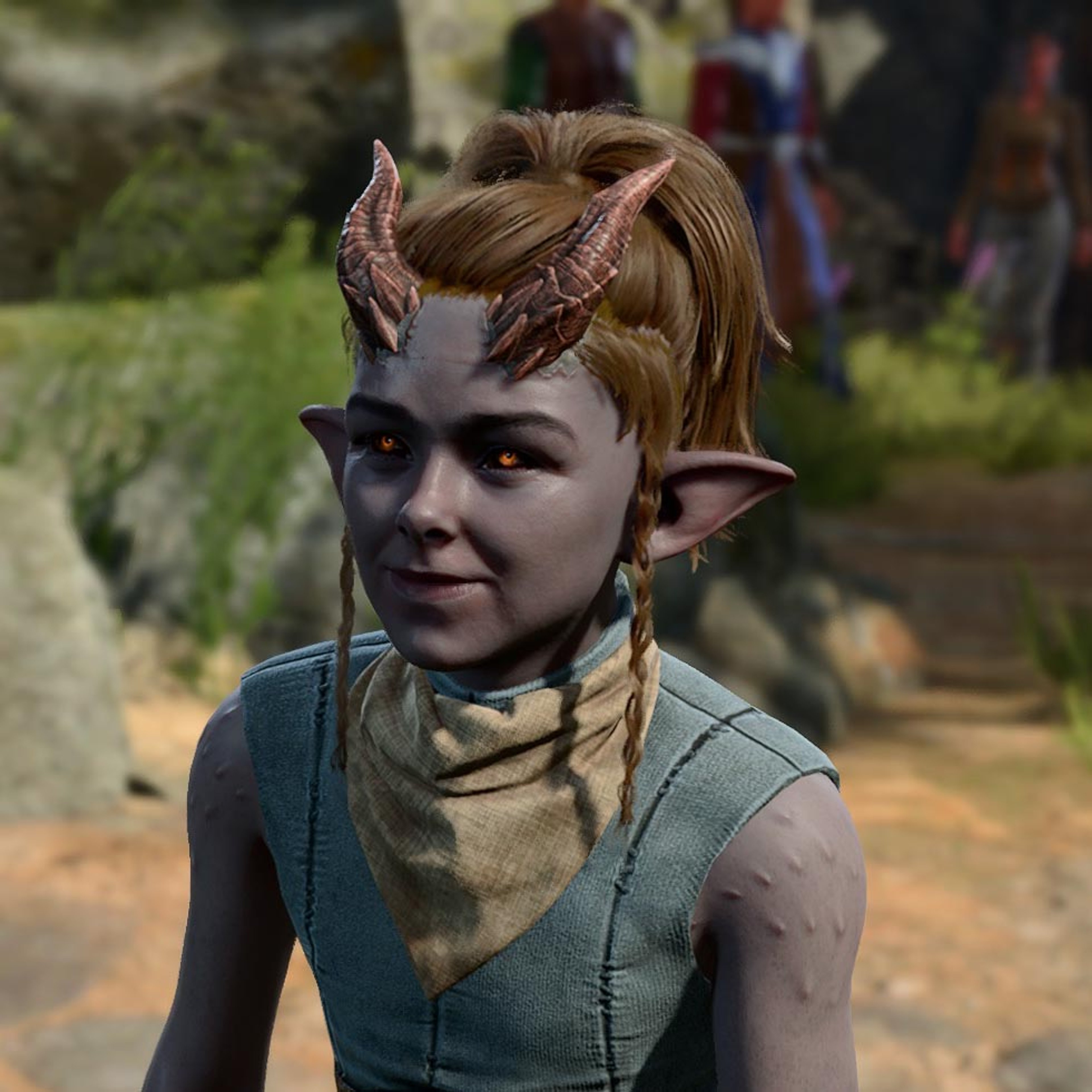 A young tiefling woman with horns and red skin, wearing a green outfit and looking determined.