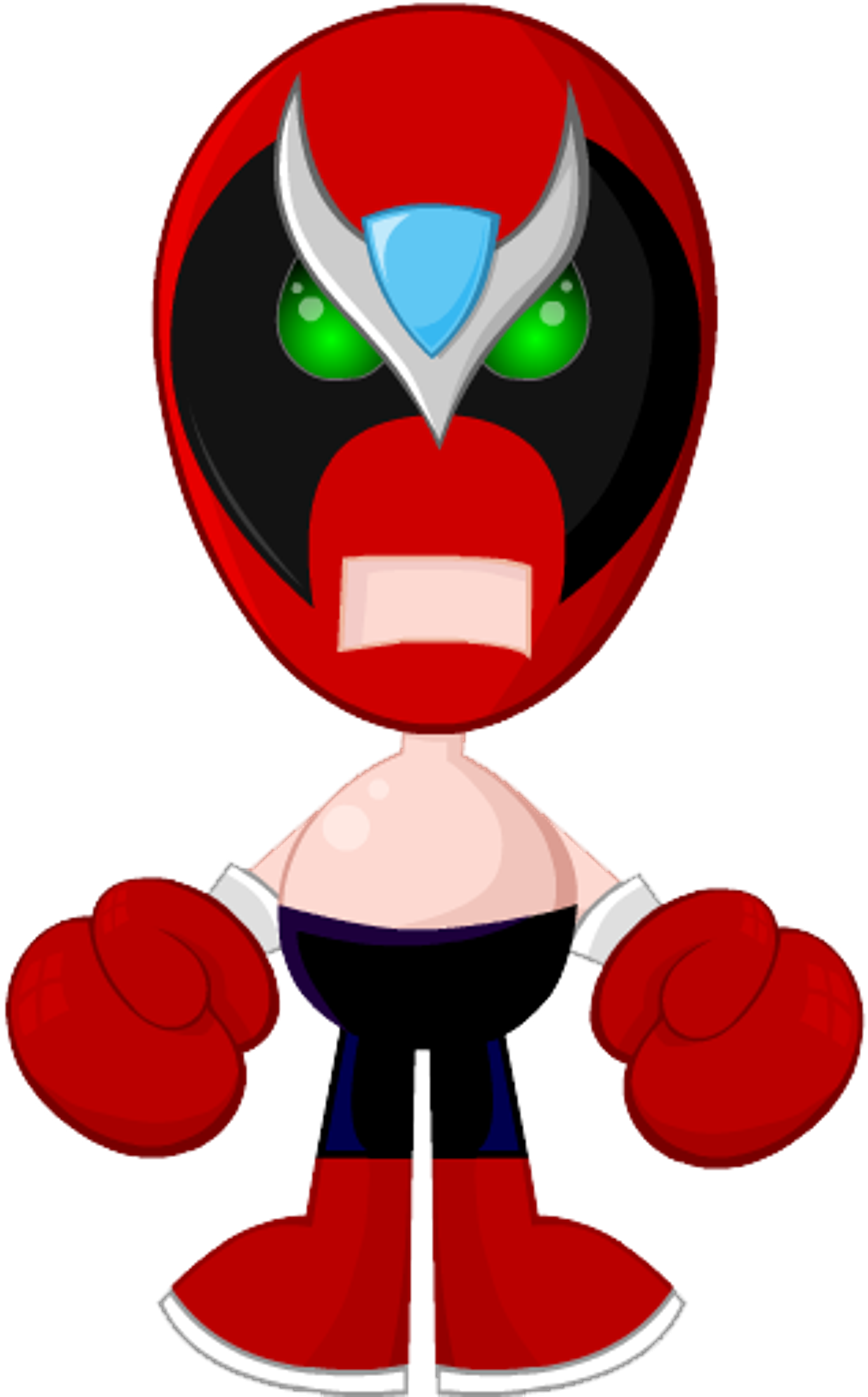 A cartoon character in a red wrestling mask with boxing glove hands