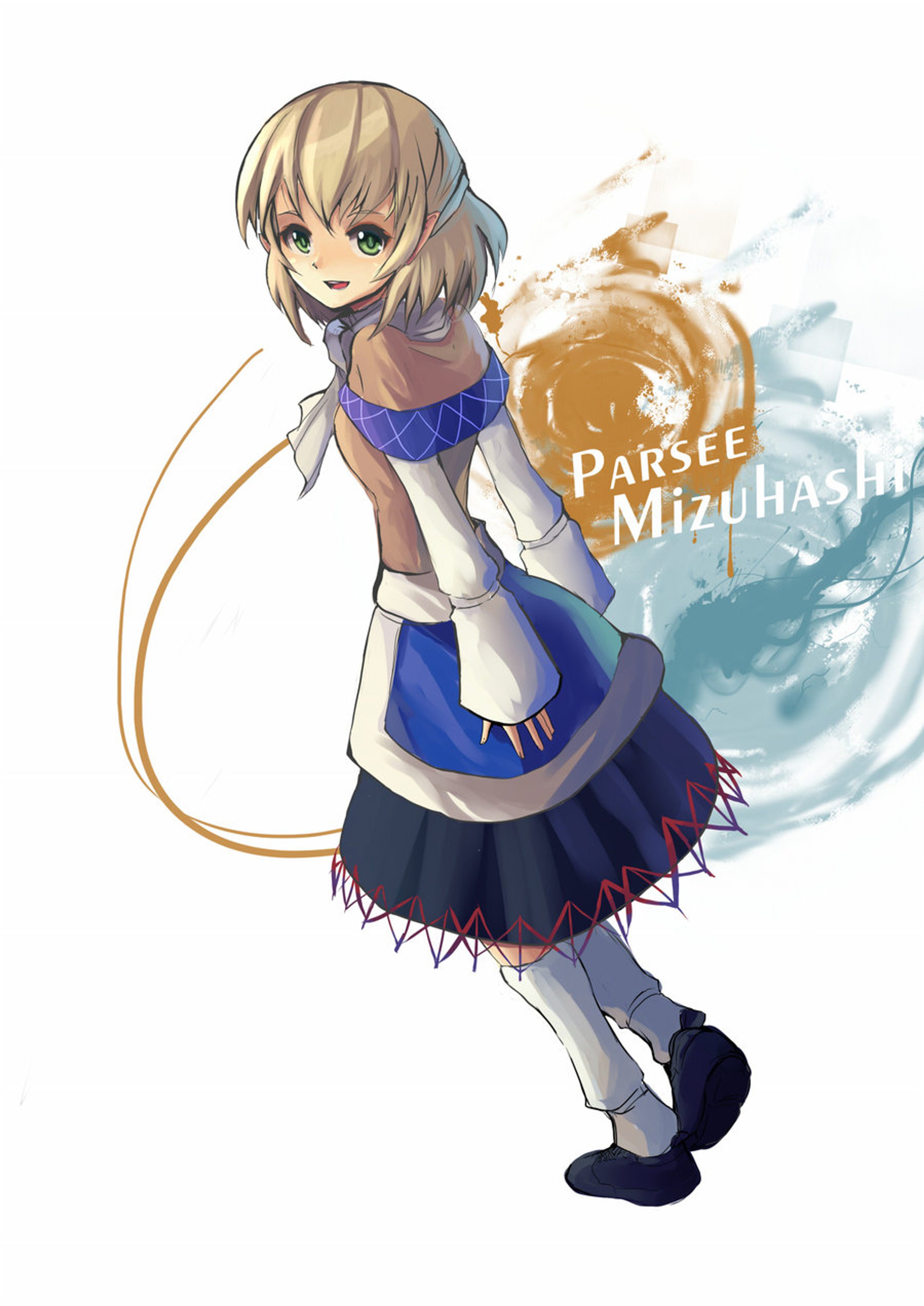 An anime-style character with short blonde hair wearing a blue dress and white apron