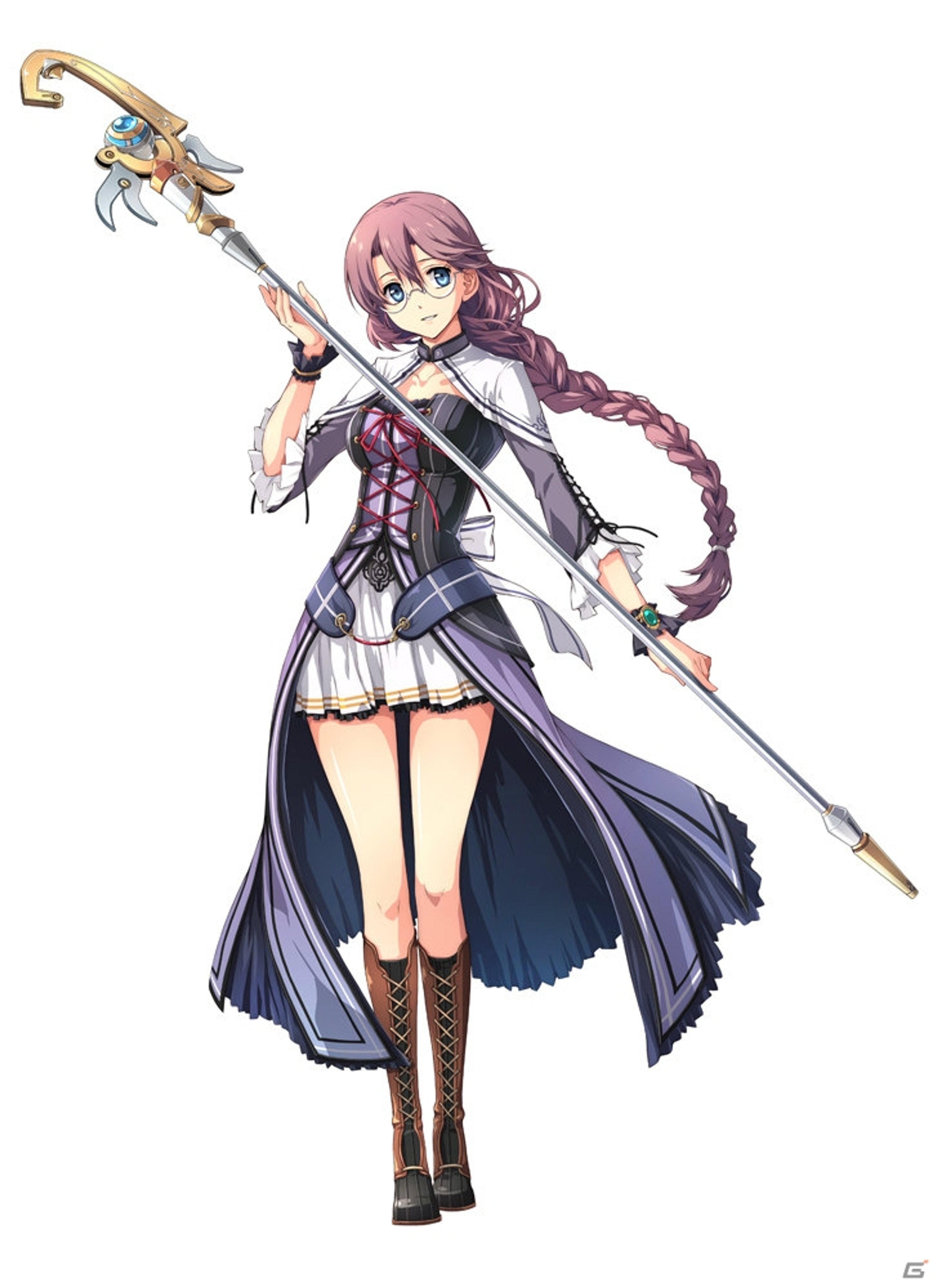 A young woman with pink hair holding a large staff or scepter