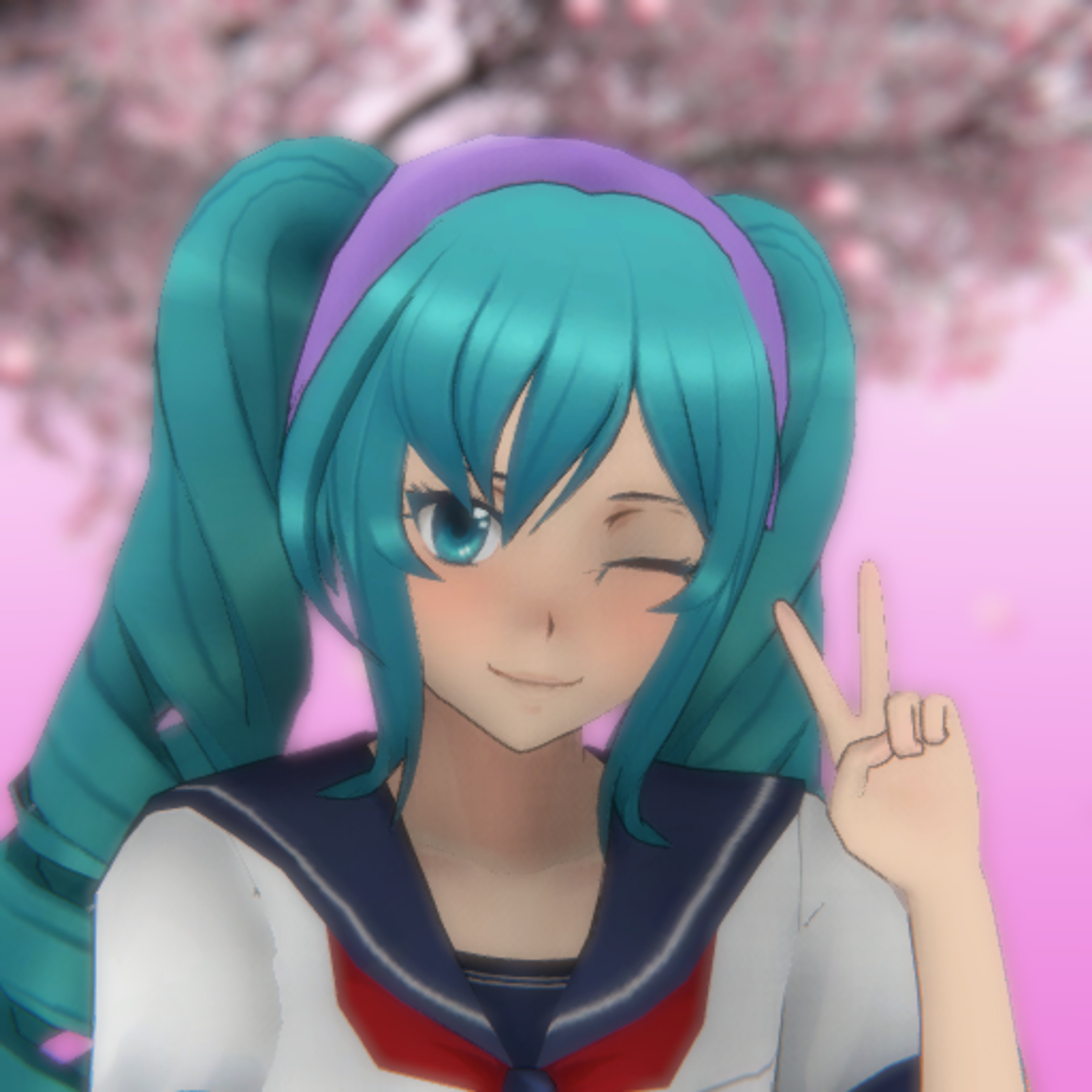 An anime-style character with cyan twin-tails and a cheerful expression, wearing a school uniform.