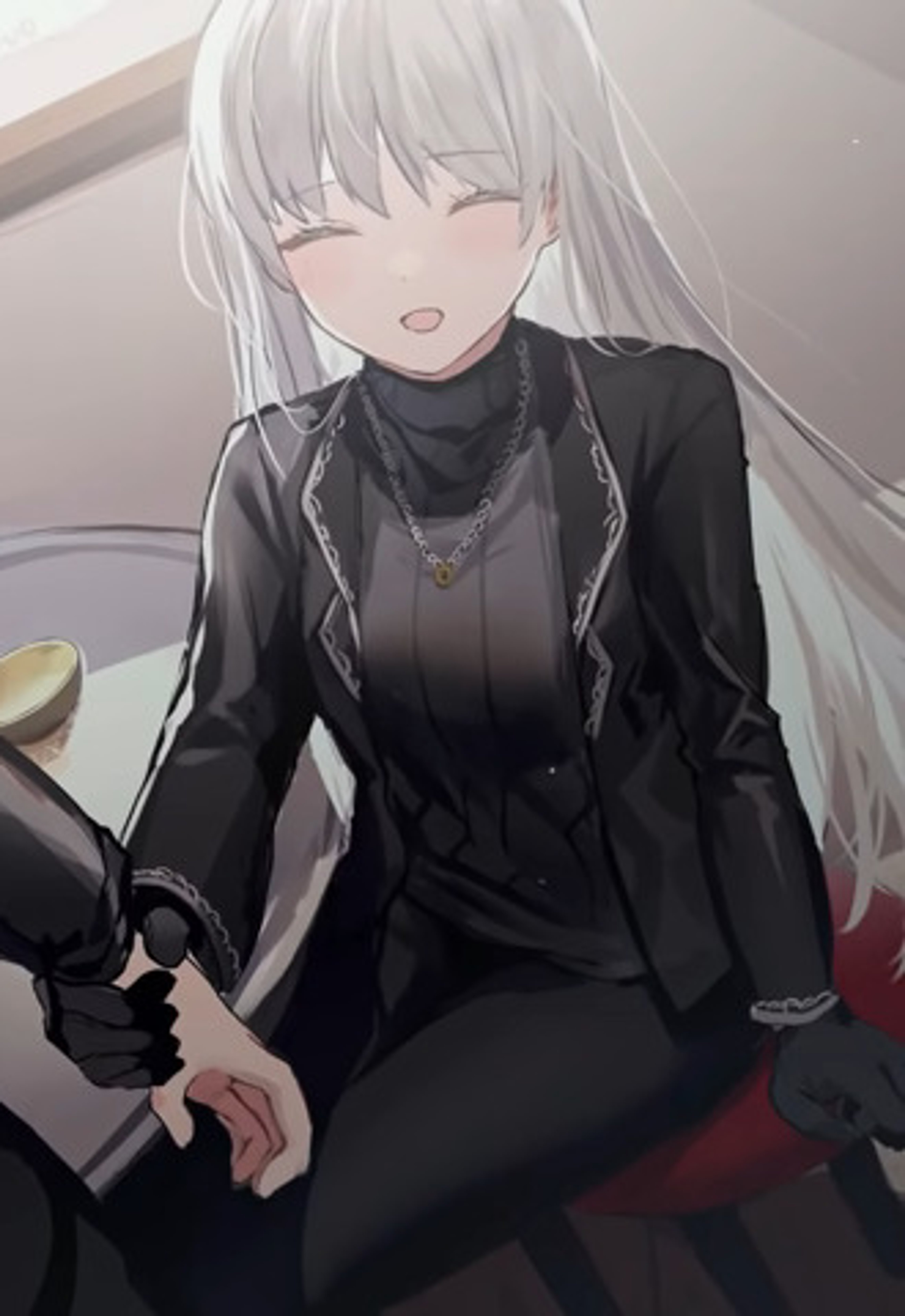 A woman with long white hair and light blue eyes wearing a black outfit