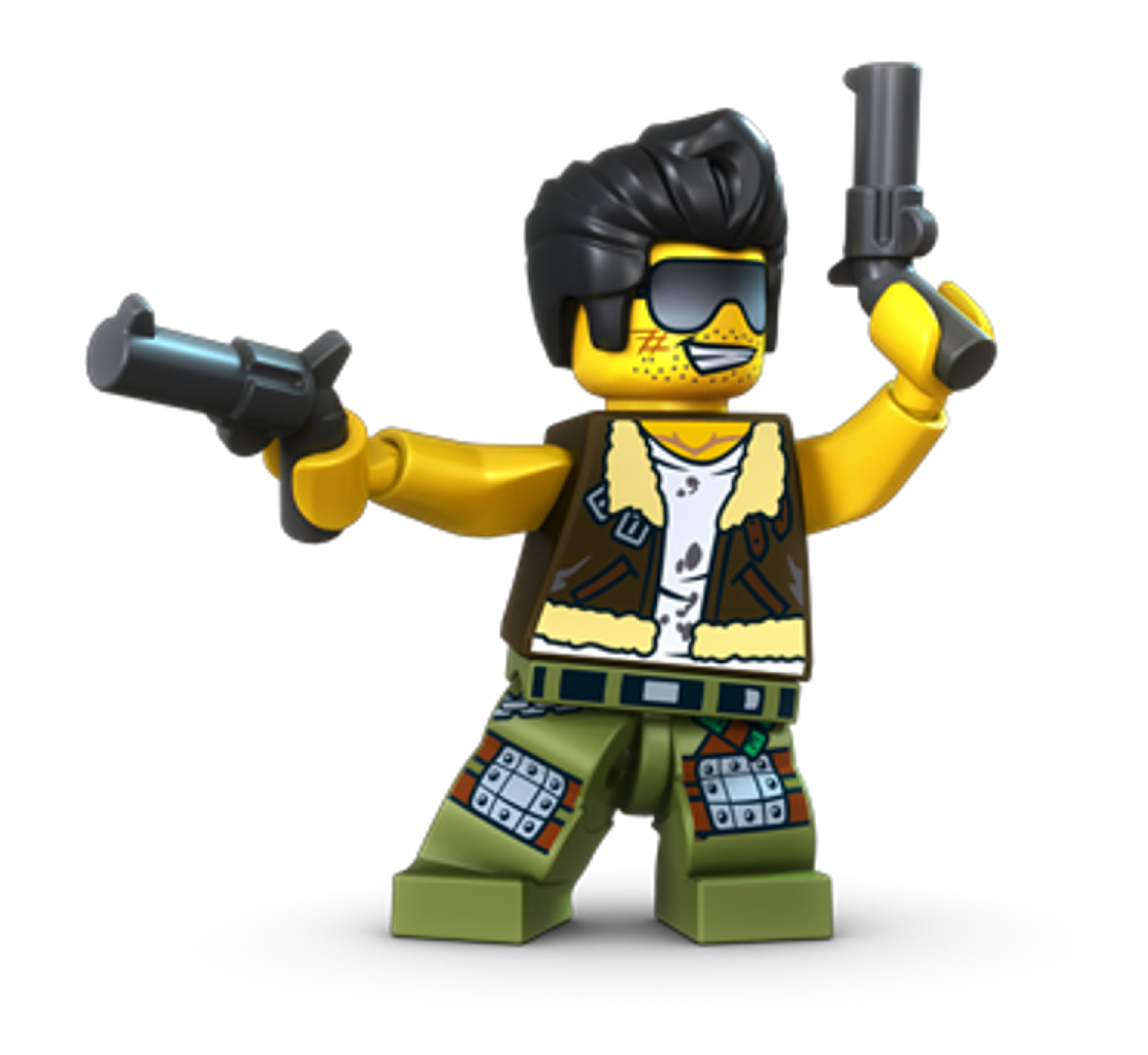A Lego minifigure character named Frank Rock, a Monster Fighter with a rebellious appearance and armed with pistols.