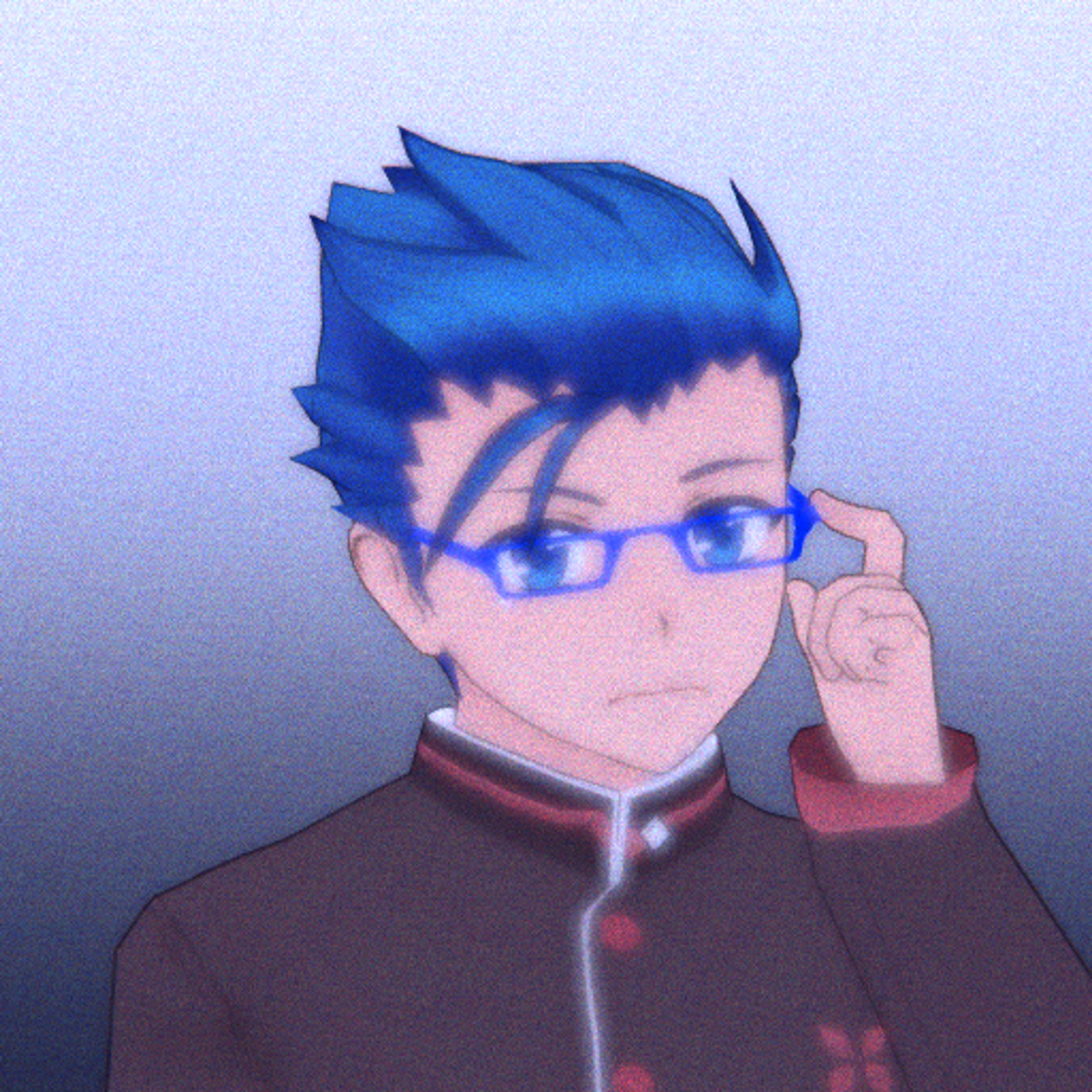 An anime-style character with blue hair and glasses wearing a red school uniform