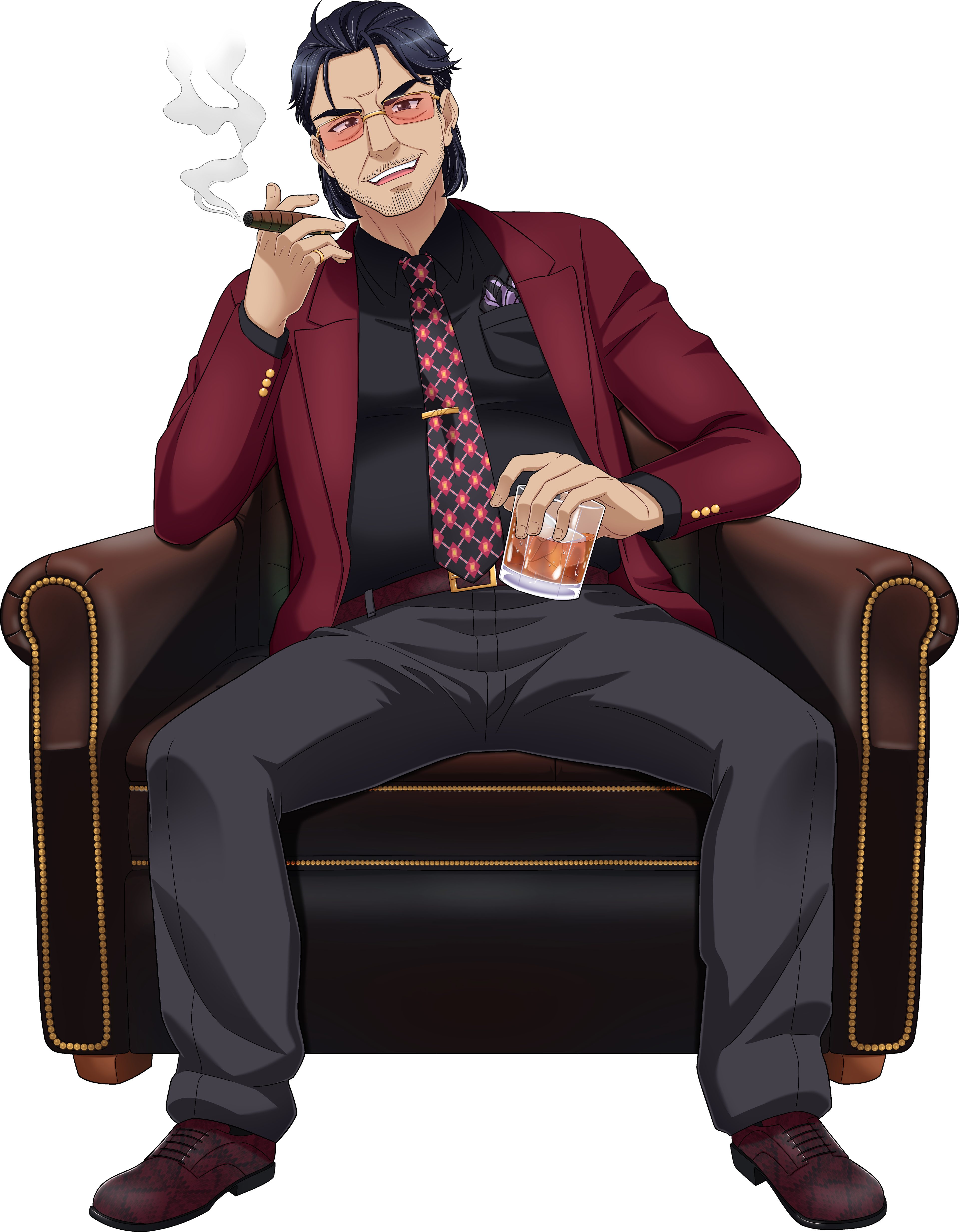 A well-dressed, middle-aged man with dark hair and glasses, sitting in a chair and smoking a cigar.