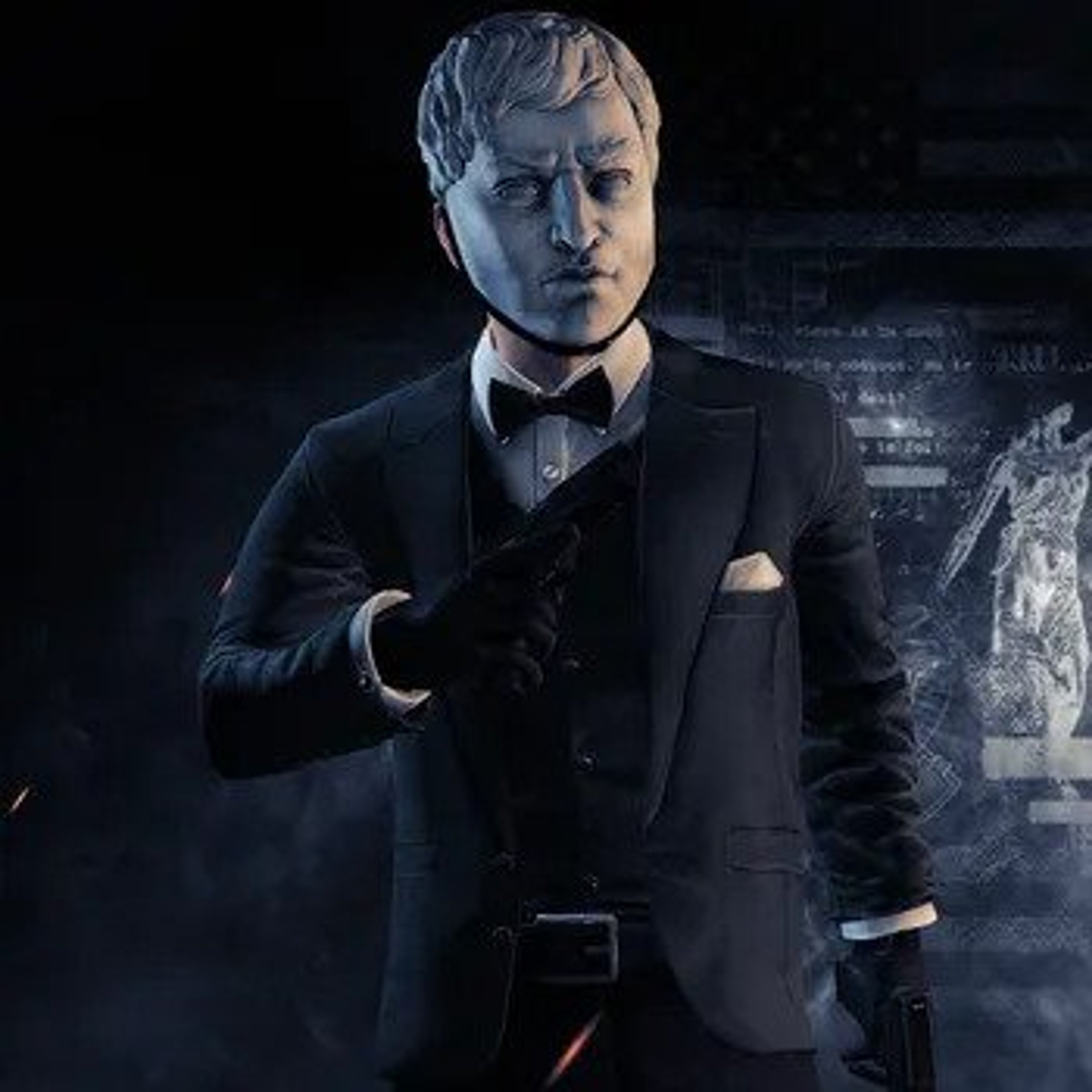 A well-dressed, middle-aged man in a black suit holding a firearm in a dimly lit setting