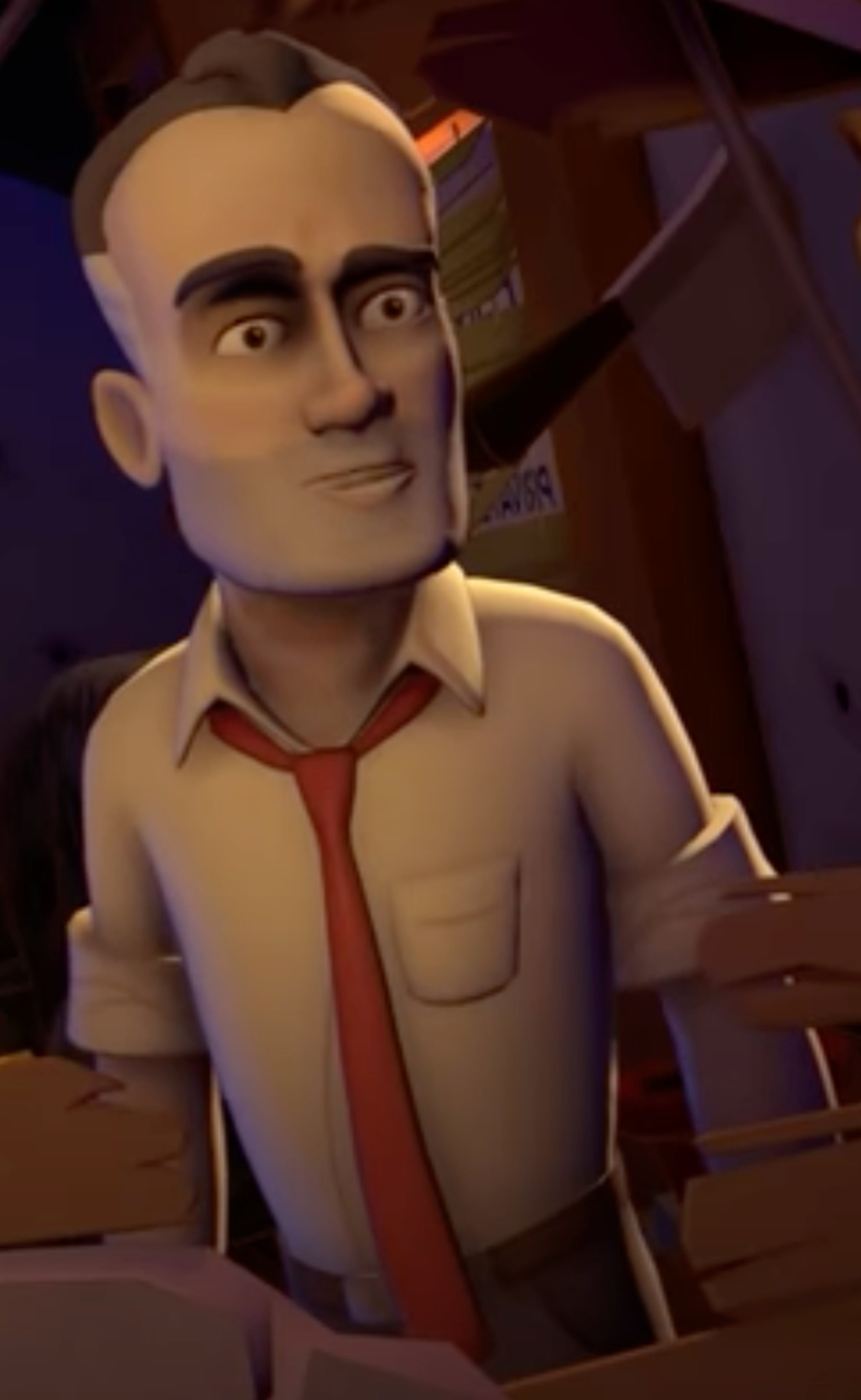 A 3D animated character of a middle-aged man in a suit and tie