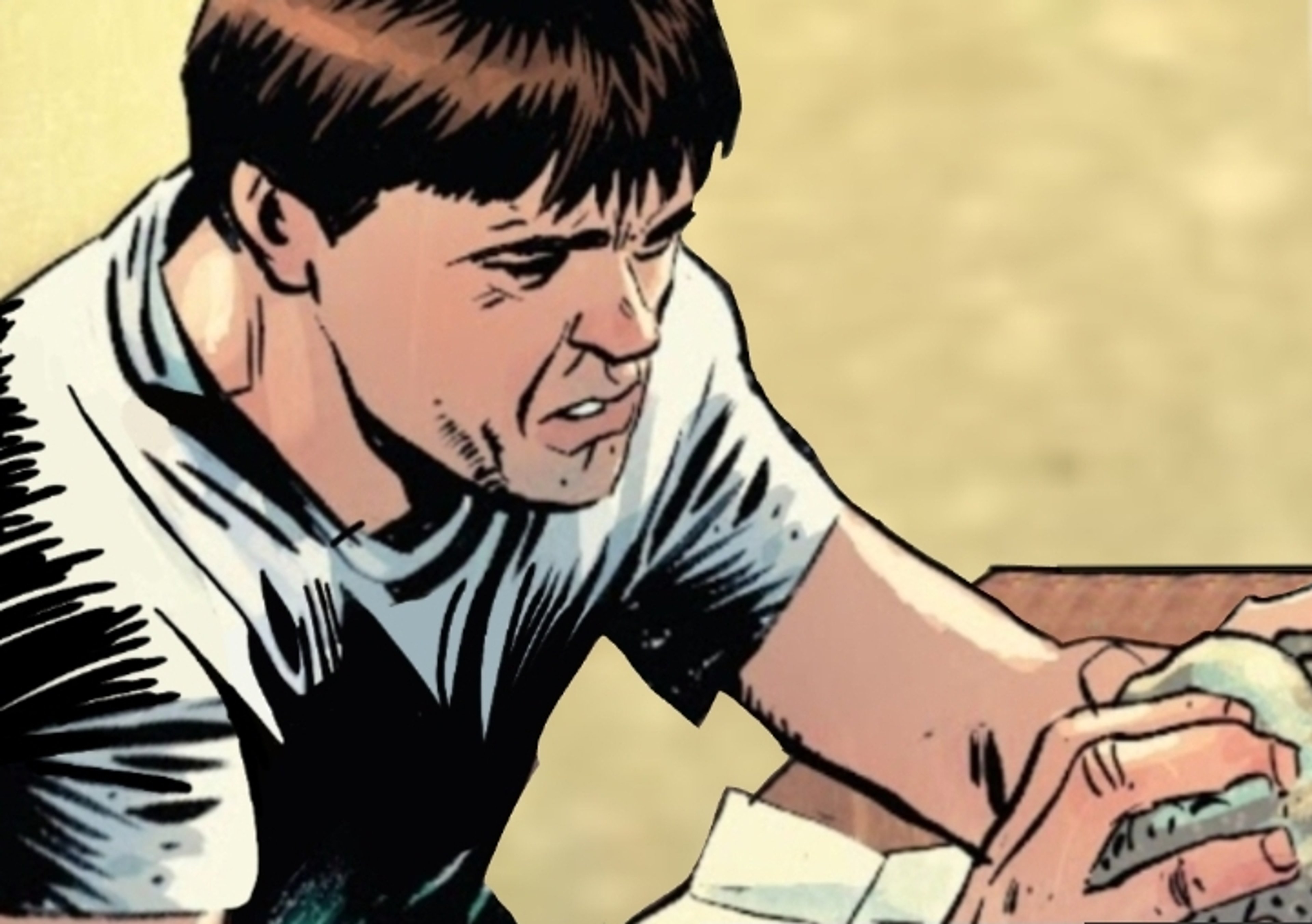 A character with an abnormally large head and small body seated in a hovering chair