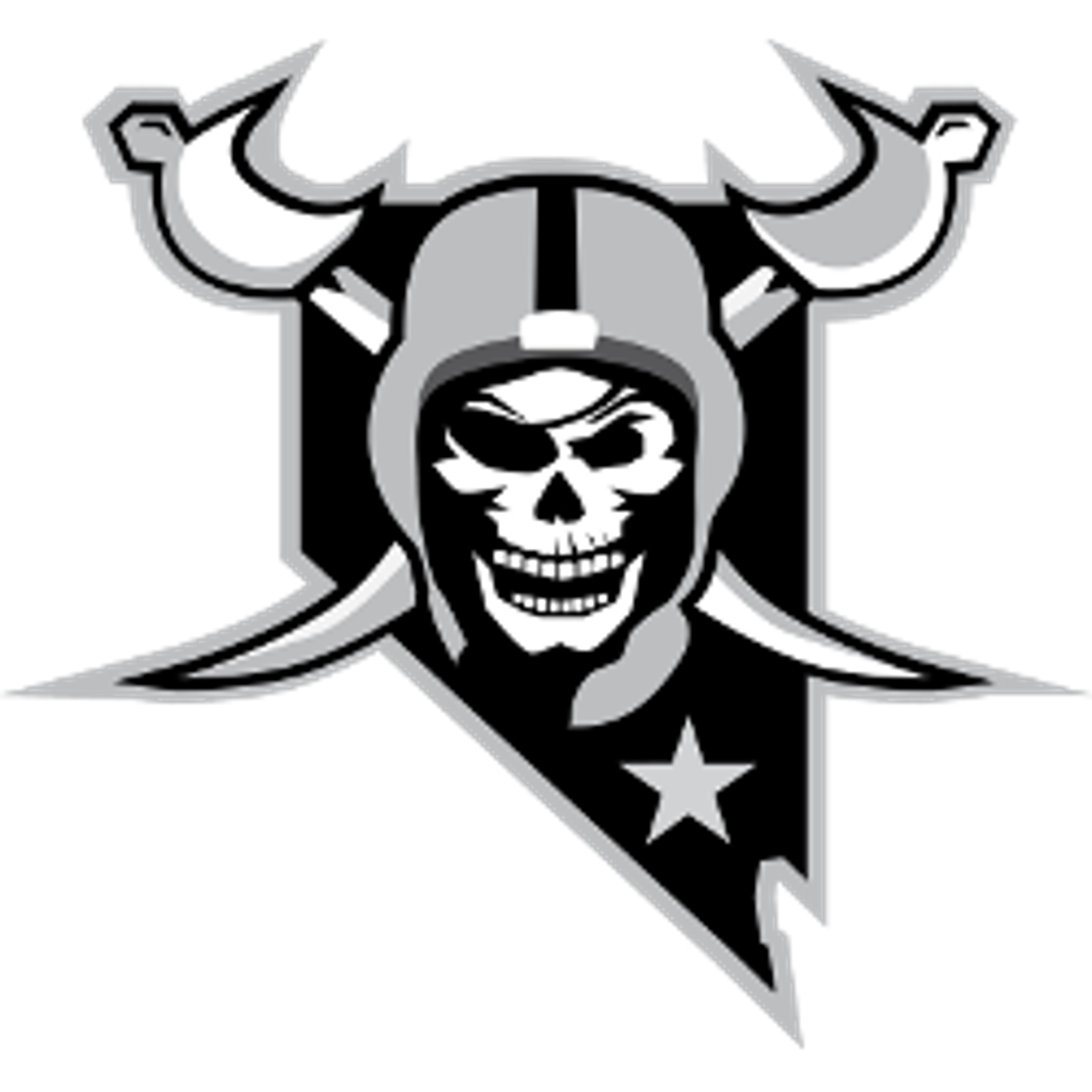 A stylized skull logo with horns against a black and white background