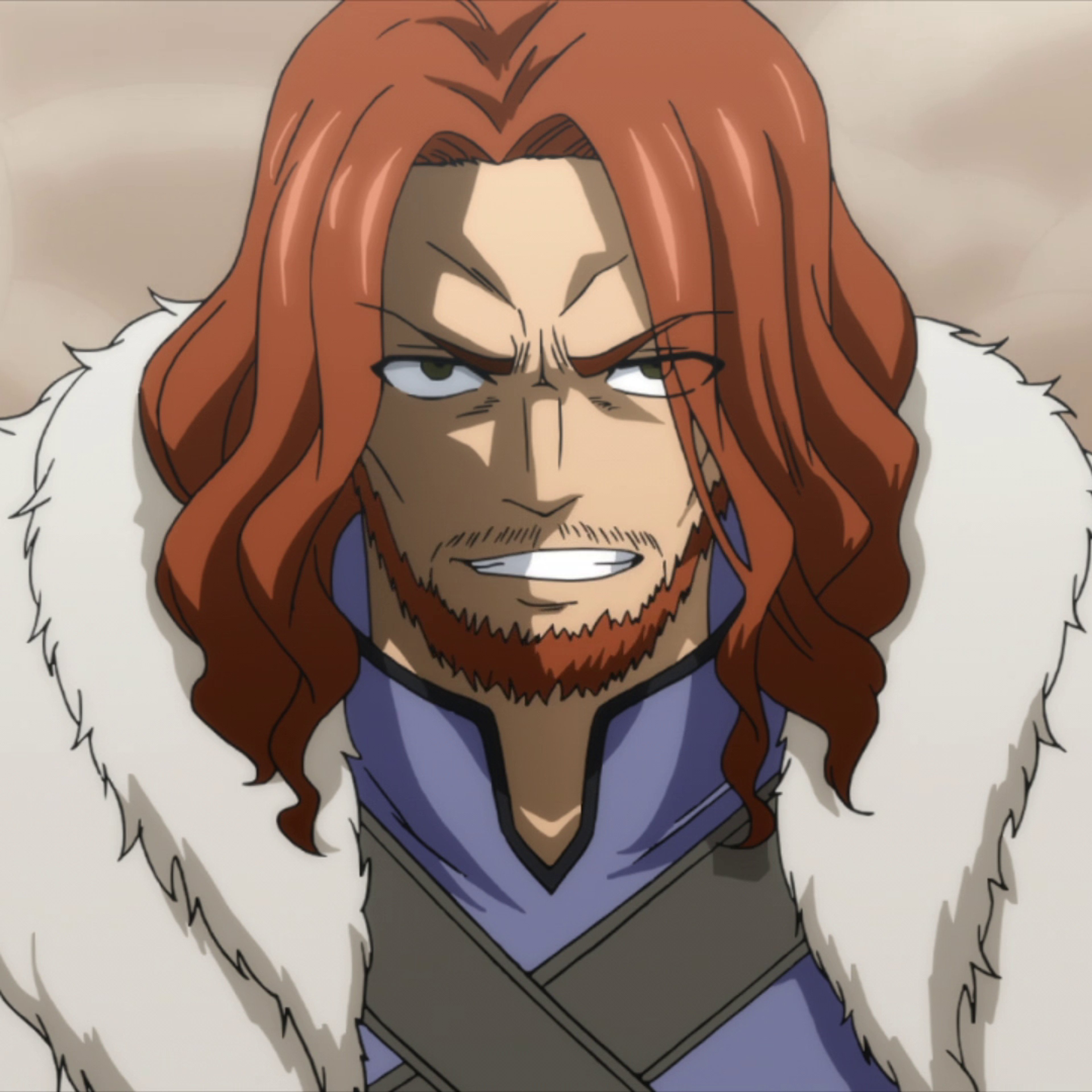 A powerful, intimidating male character with long red hair and a beard